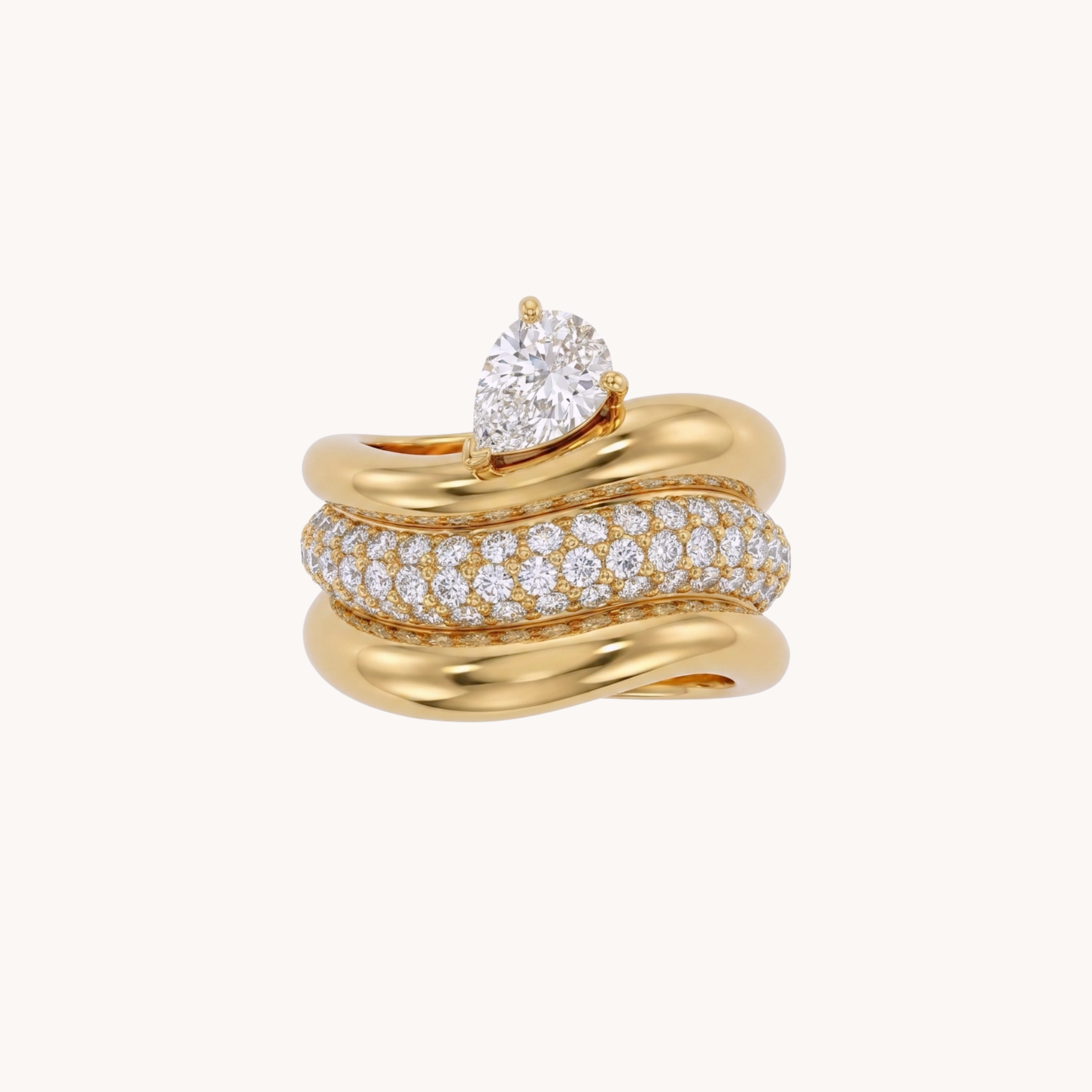 Set 3 Anelli Minimal Sparkle Multirow VANDEM in acciaio oro, tre anelli da donna sovrapposti con pavé di zirconi e solitario centrale a goccia