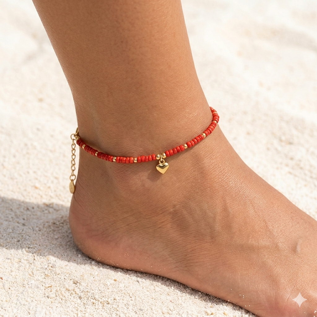 CAVIGLIERA LOVE CORAL - perline rosse corallo e ciondolo cuore in acciaio oro o argento