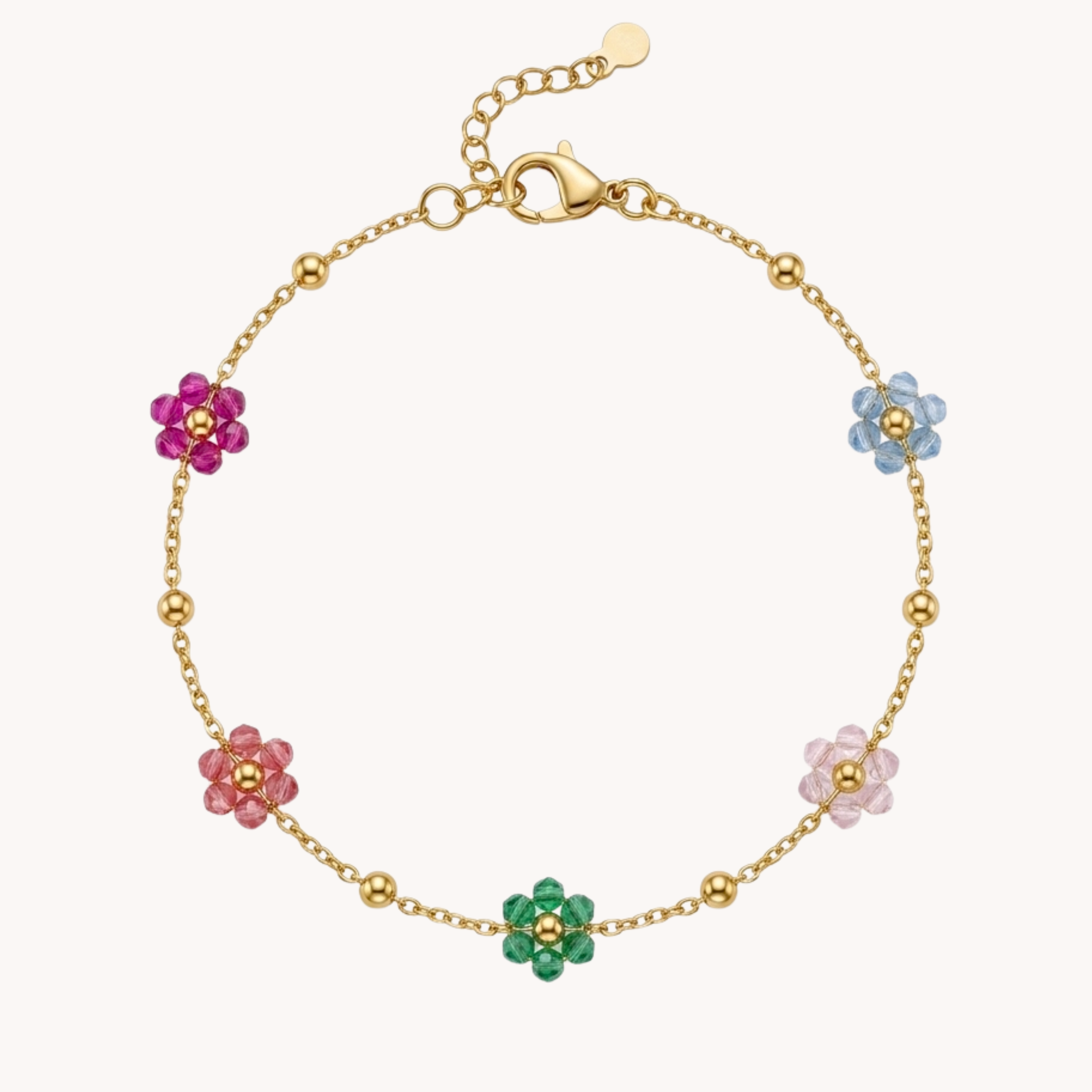 CAVIGLIERA BLOOM RAINBOW - cavigliera a catenina sottile con fiori di cristalli colorati in acciaio oro