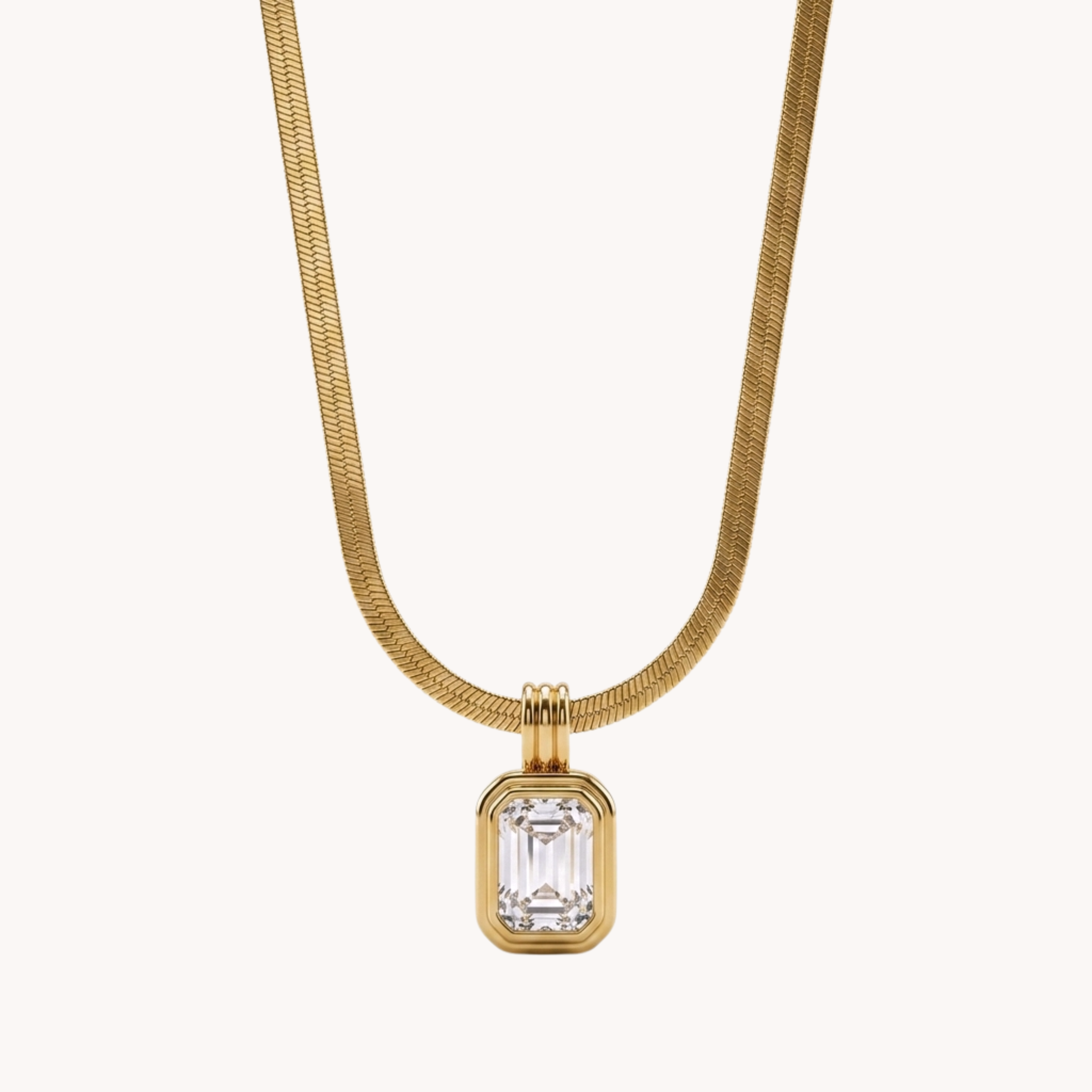 COLLANA SNAKE ROYAL - collana a catena piatta a serpente con pendente zircone taglio smeraldo in acciaio oro