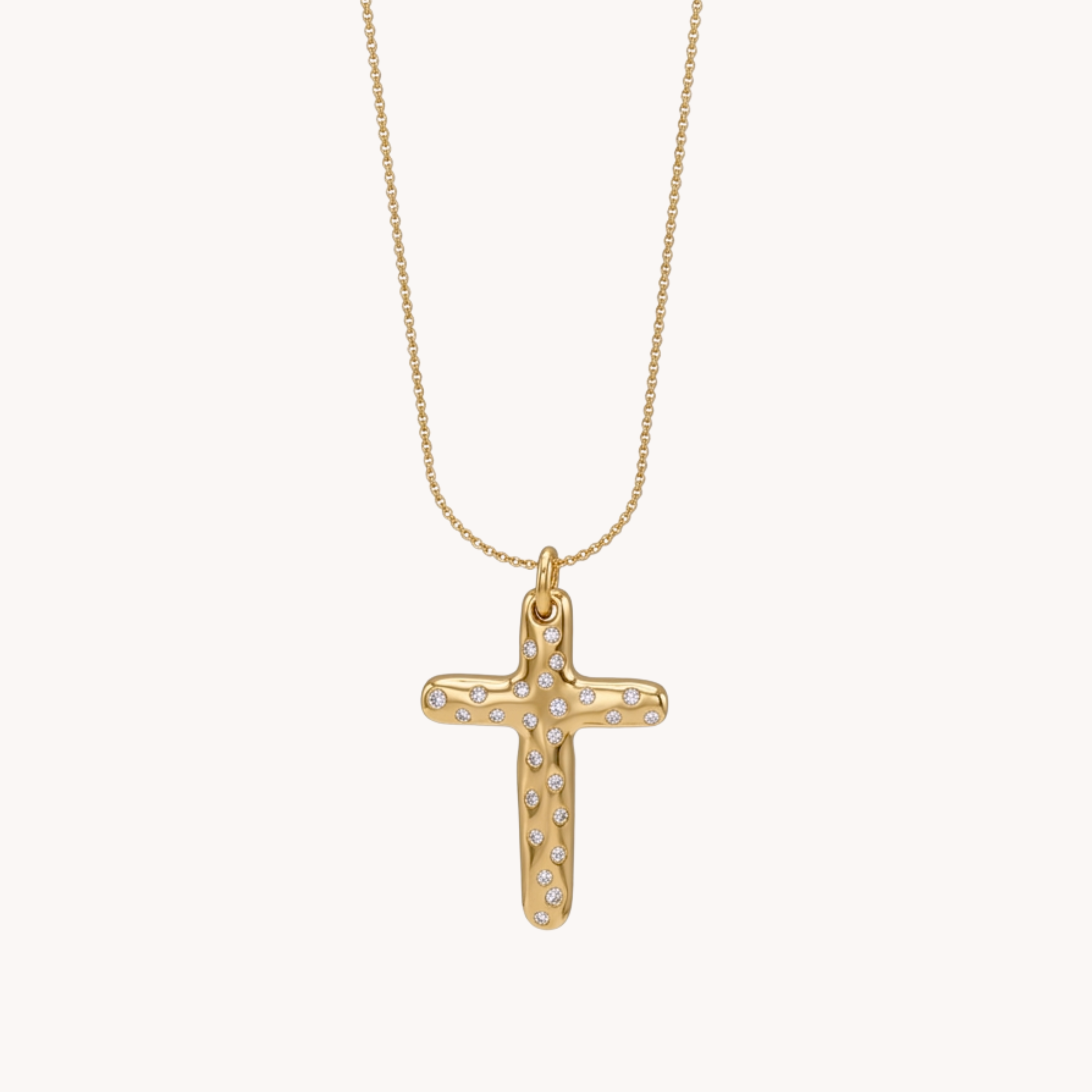 COLLANA CROCE STARDUST - catenina con ciondolo croce bombata con zirconi incastonati a filo in acciaio oro