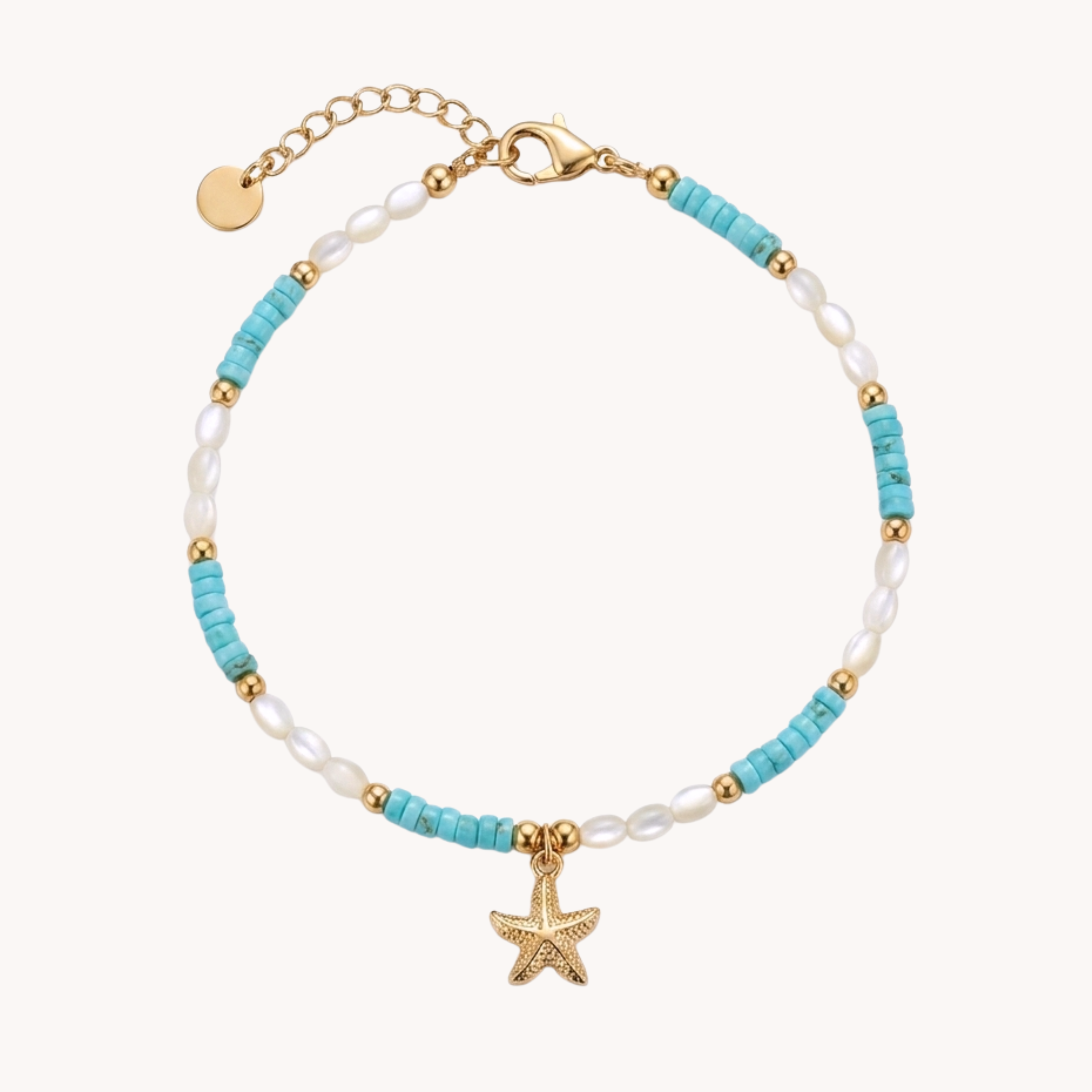 CAVIGLIERA STARFISH - perline turchesi, perle bianche e ciondolo stella marina in acciaio