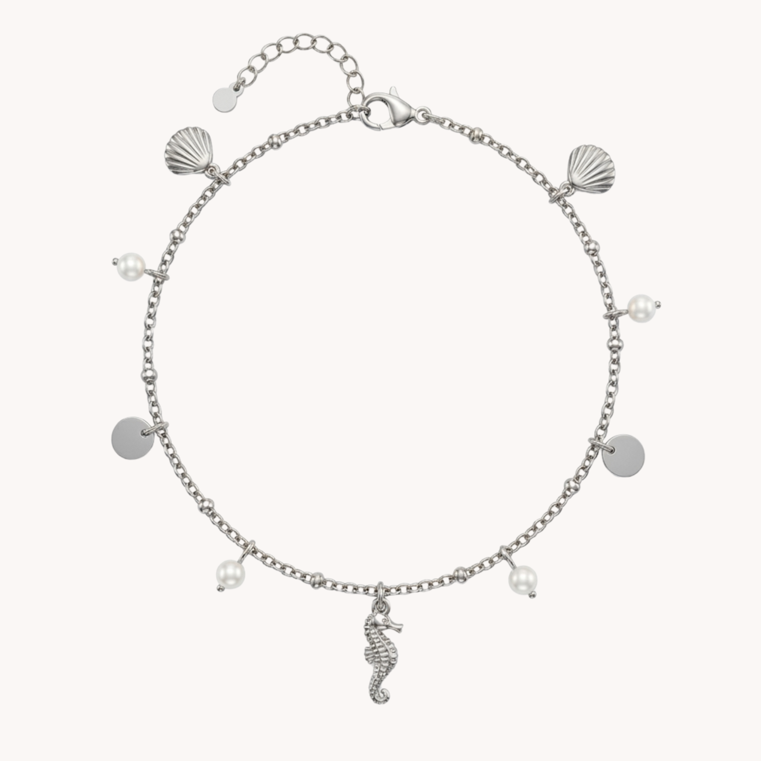 CAVIGLIERA SEAHORSE PEARL - perle bianche, charms tondi e ippocampo in acciaio