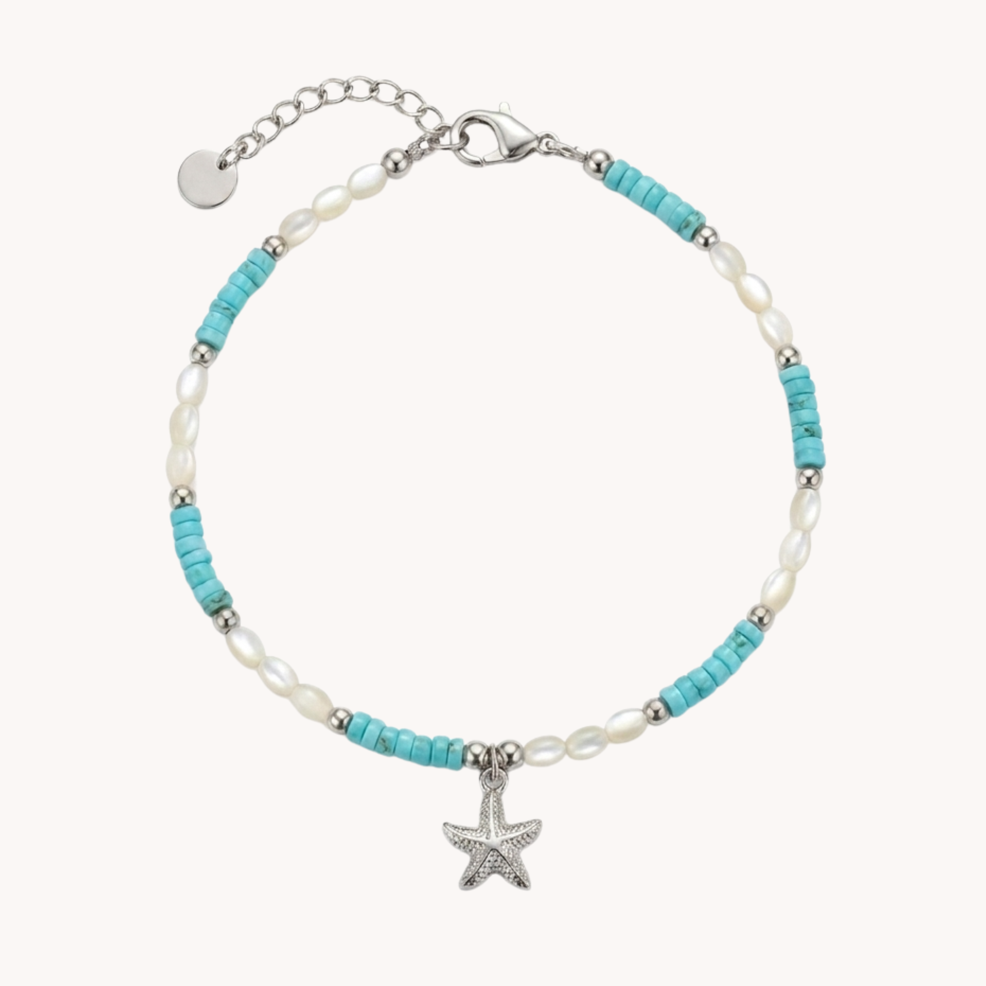 CAVIGLIERA STARFISH - perline turchesi, perle bianche e ciondolo stella marina in acciaio