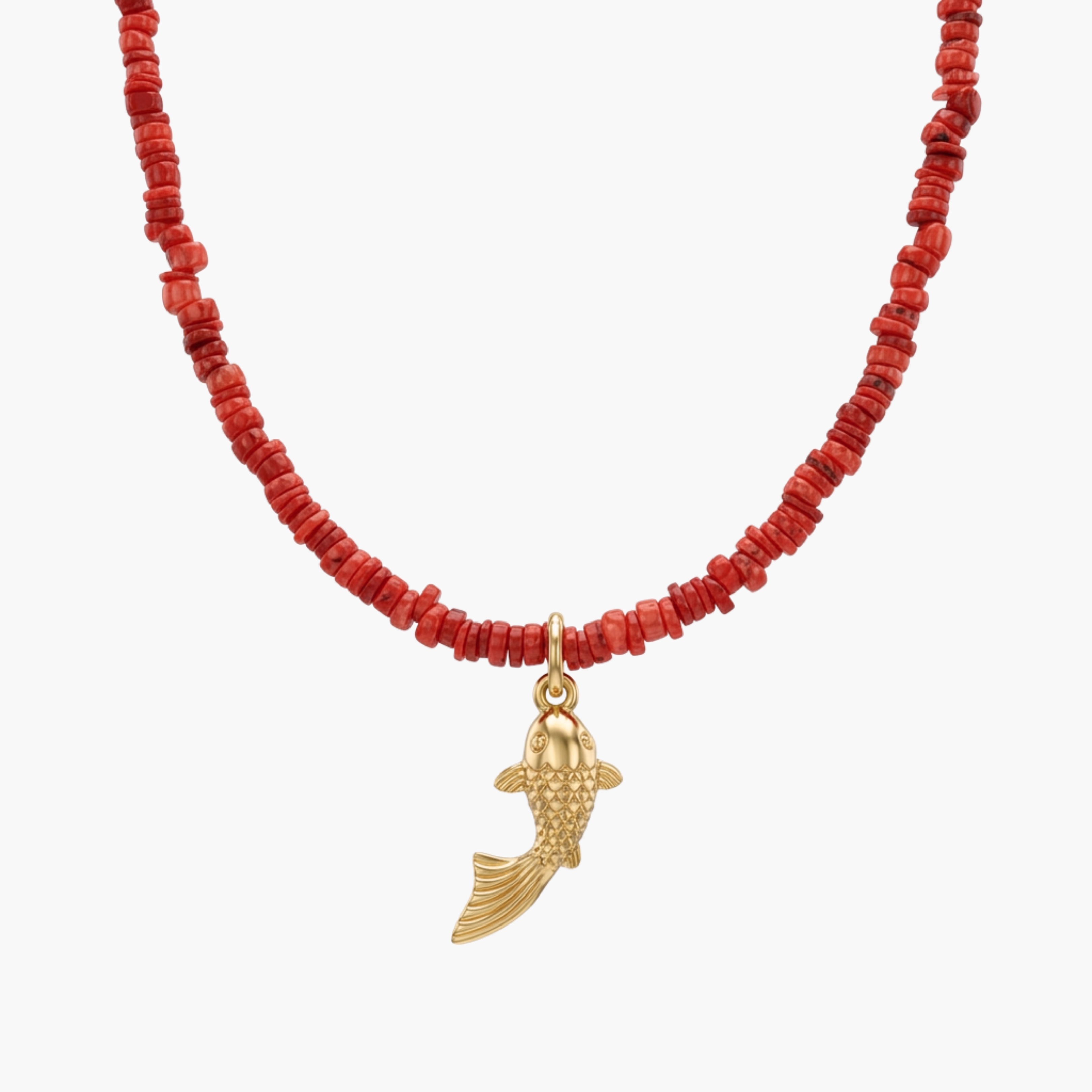 GIROCOLLO CORAL KOI FISH - collana estiva da uomo in corallo rosso con ciondolo pesce carpa in acciaio oro