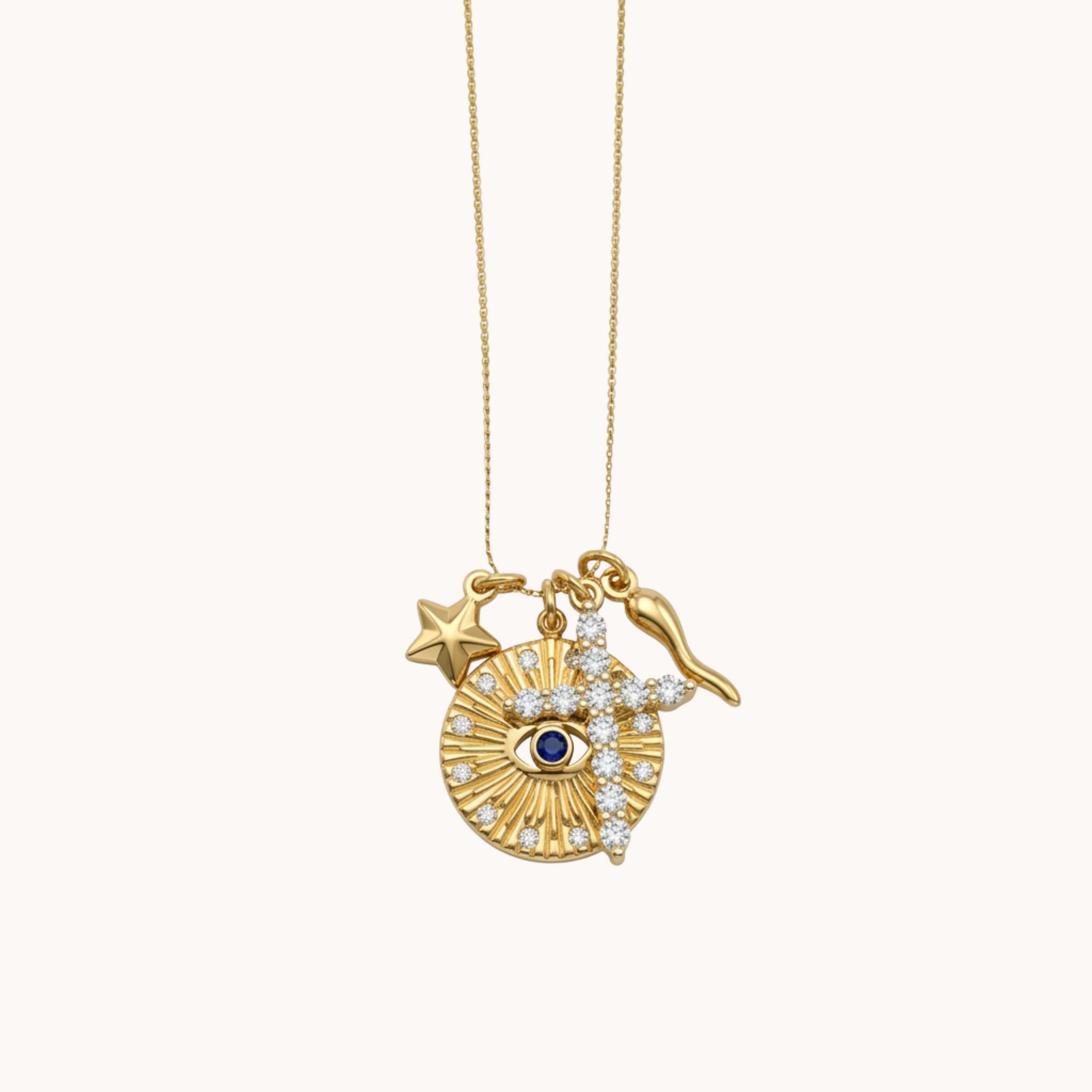 COLLANA GUARDIAN SPIRIT - collana con charms multipli medaglia raggiera, occhio blu, croce e stella in acciaio oro