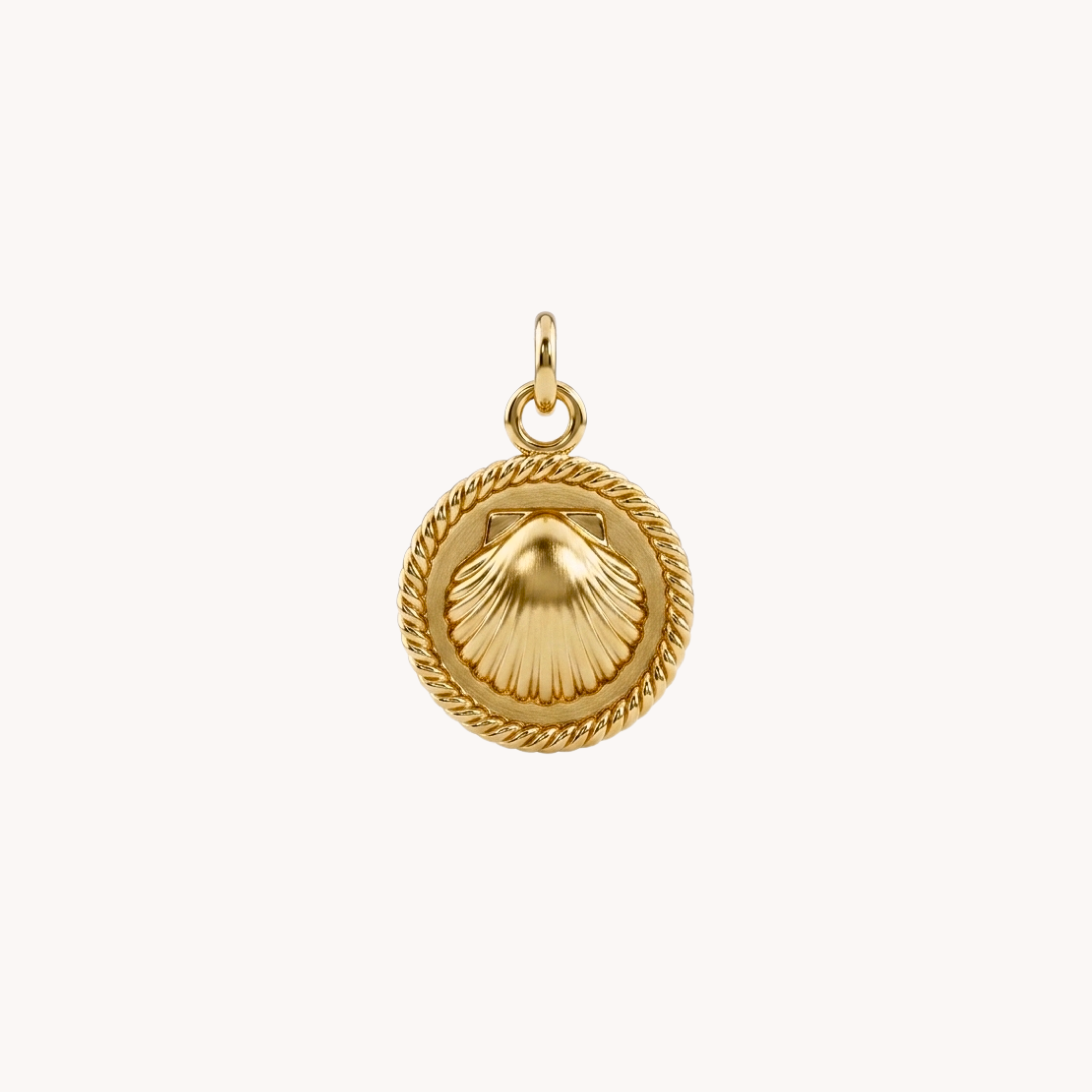 CIONDOLO SHELL COIN - medaglia tonda zigrinata con conchiglia a rilievo in acciaio argento o oro