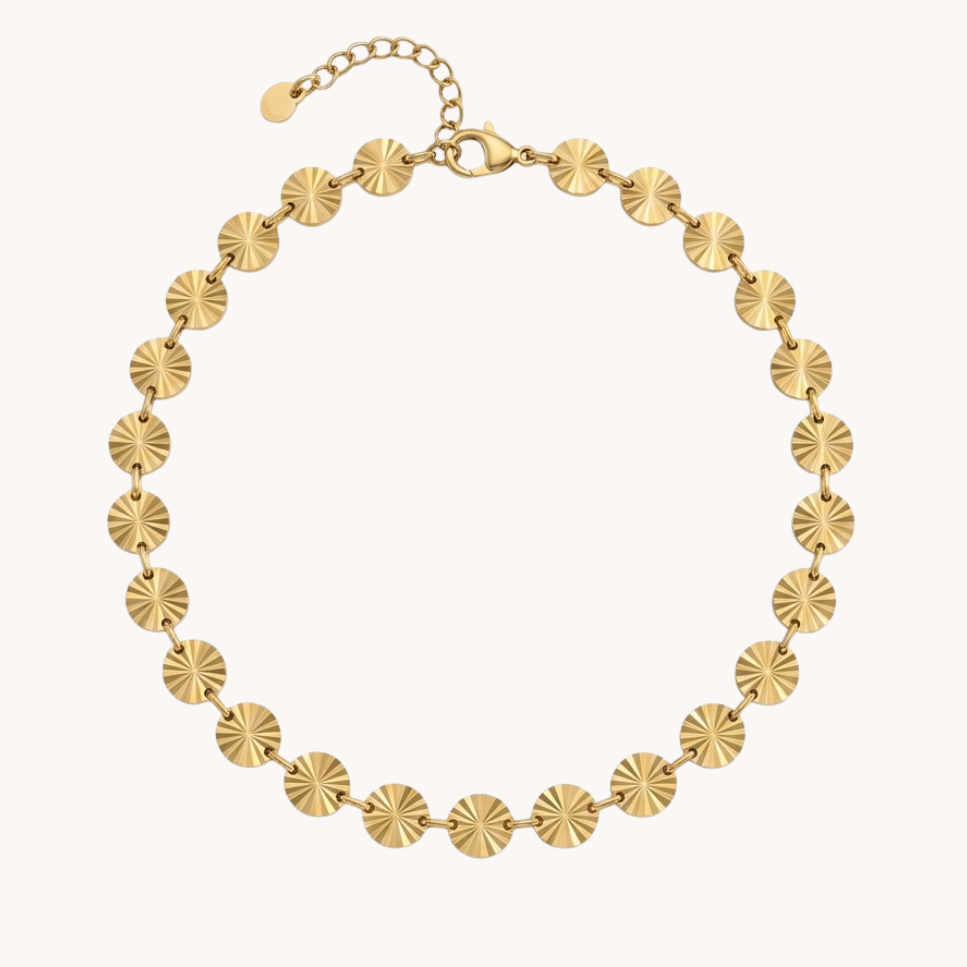 CAVIGLIERA SUNBURST COIN - piastrine tonde zigrinate a raggiera in acciaio oro o argento