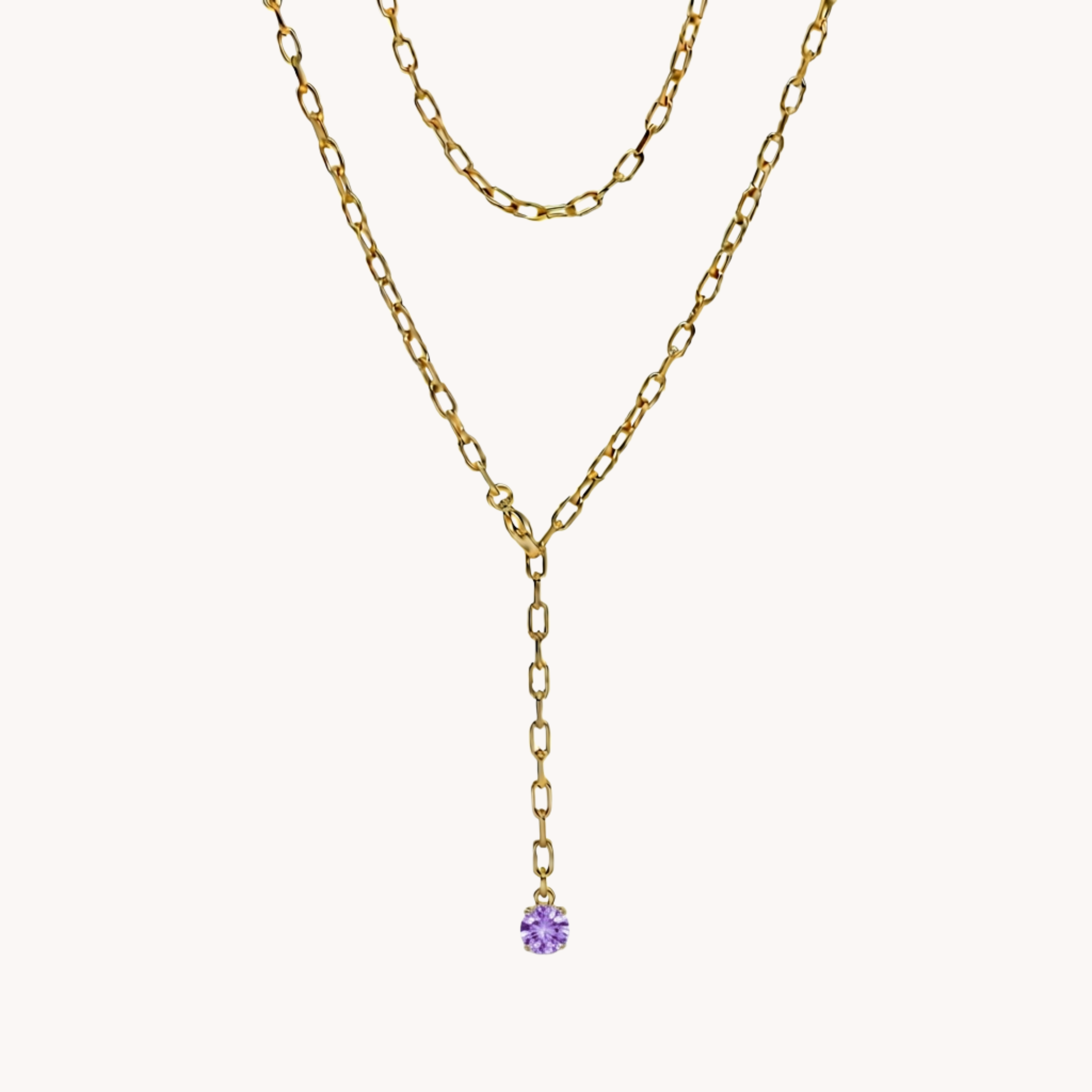 COLLANA LINK & DROP - collana a doppio filo a cravattina con maglie rettangolari e punto luce in acciaio oro