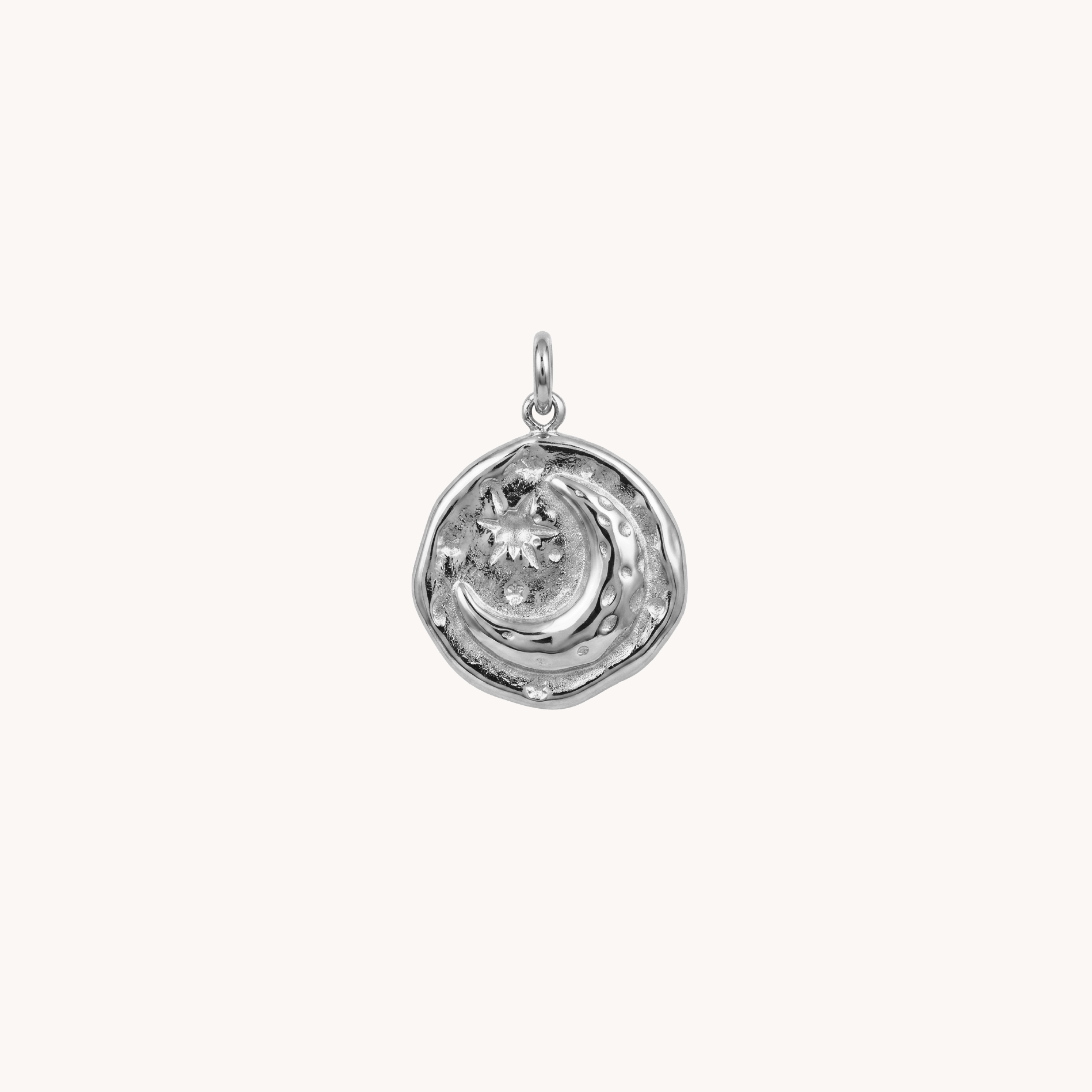 CIONDOLO LUNA ASTRAL CRESCENT COIN - medaglia antica con luna e stelle incise in acciaio