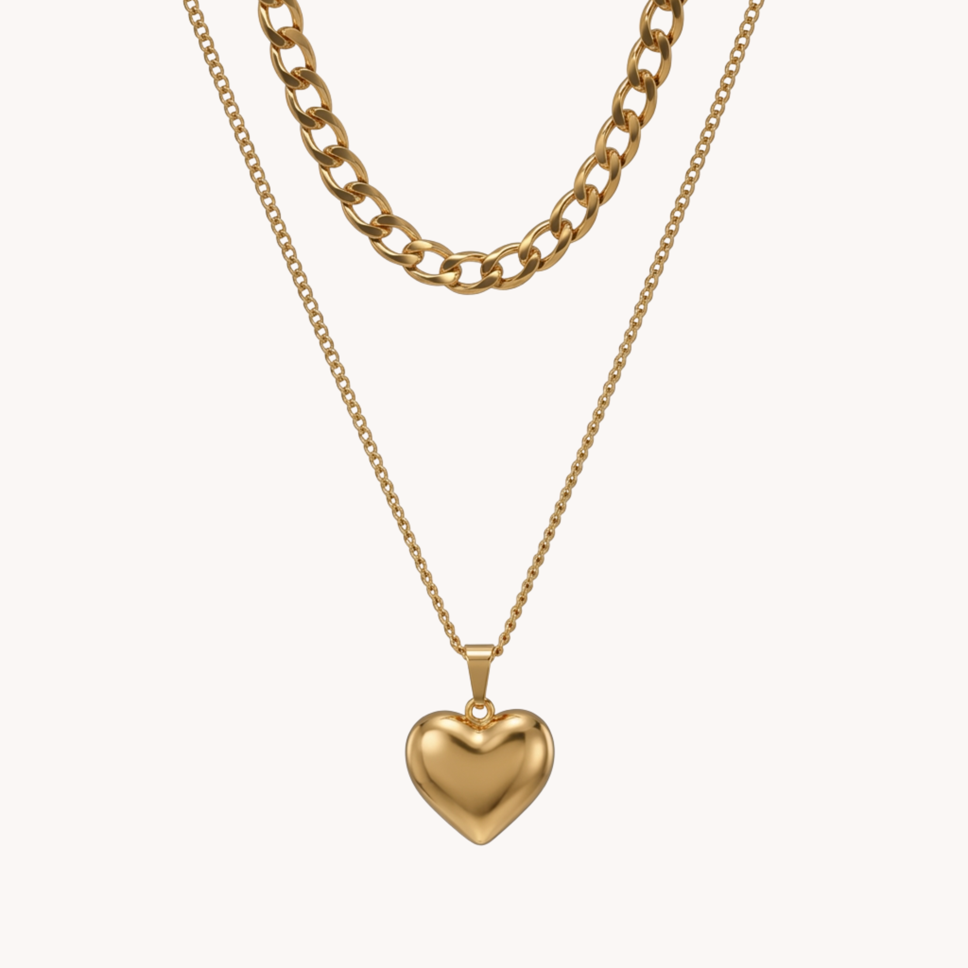 DOPPIA COLLANA GROUMETTE LOVE - collana doppia a strati con catena groumette e ciondolo cuore bombato in acciaio
