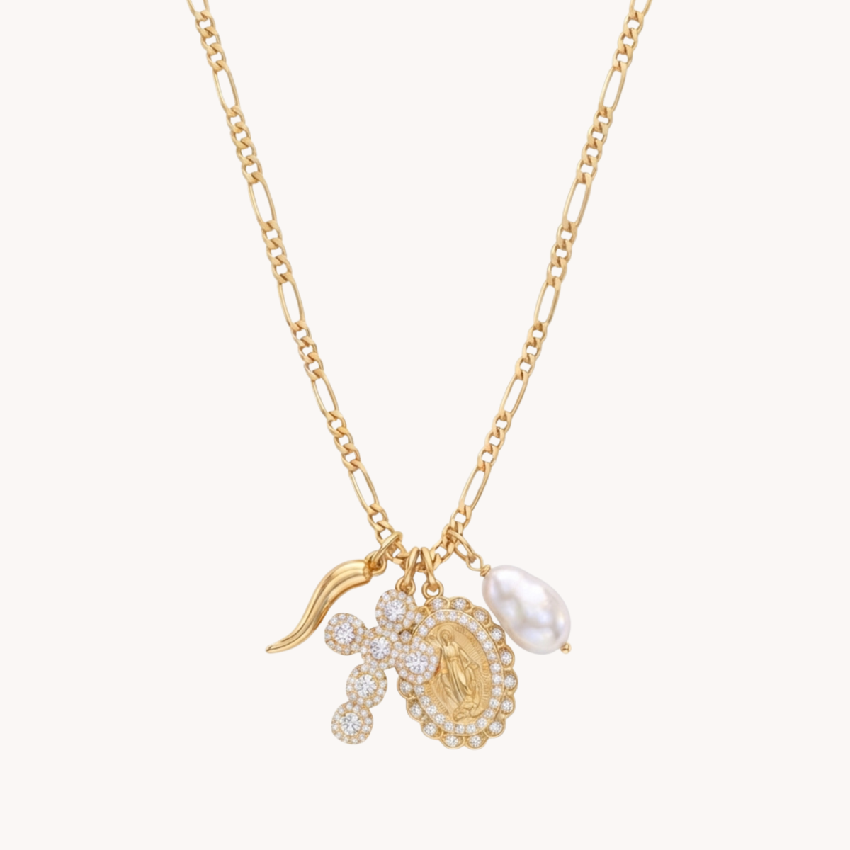 Collana Sacred Max VANDEM con croce pavé, medaglia Madonna e perla barocca