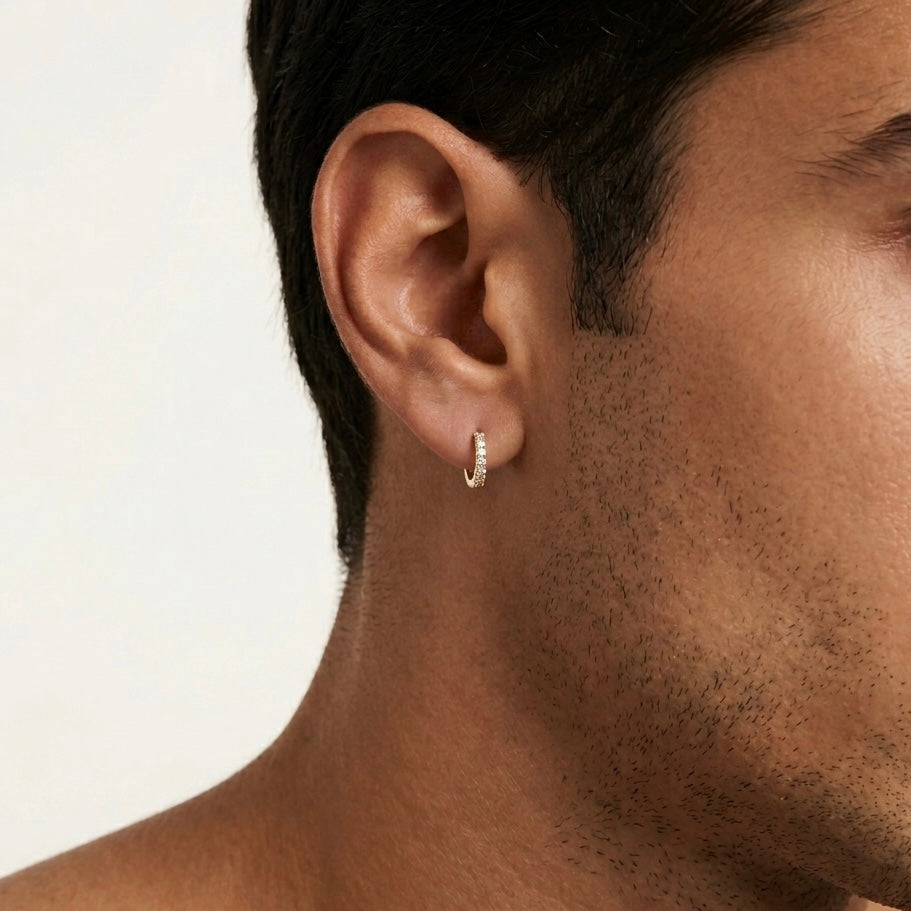 COPPIA ORECCHINI SHINE - orecchini a cerchio da uomo con pavé di zirconi bianchi in acciaio oro o argento