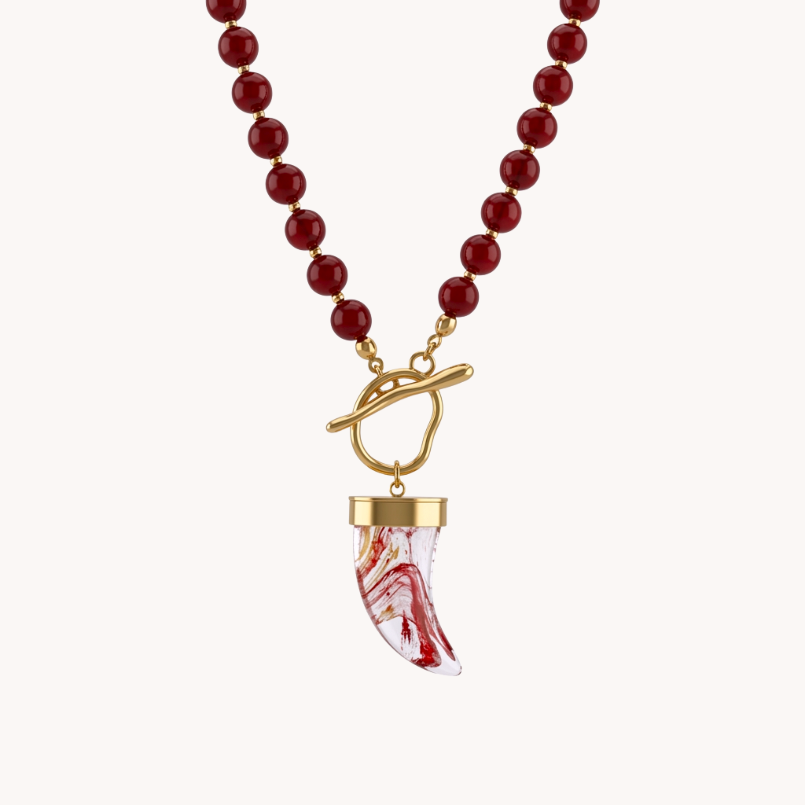 COLLANA CORNO VULCANIA TALISMAN - collana con pietre naturali e pendente corno portafortuna in acciaio oro