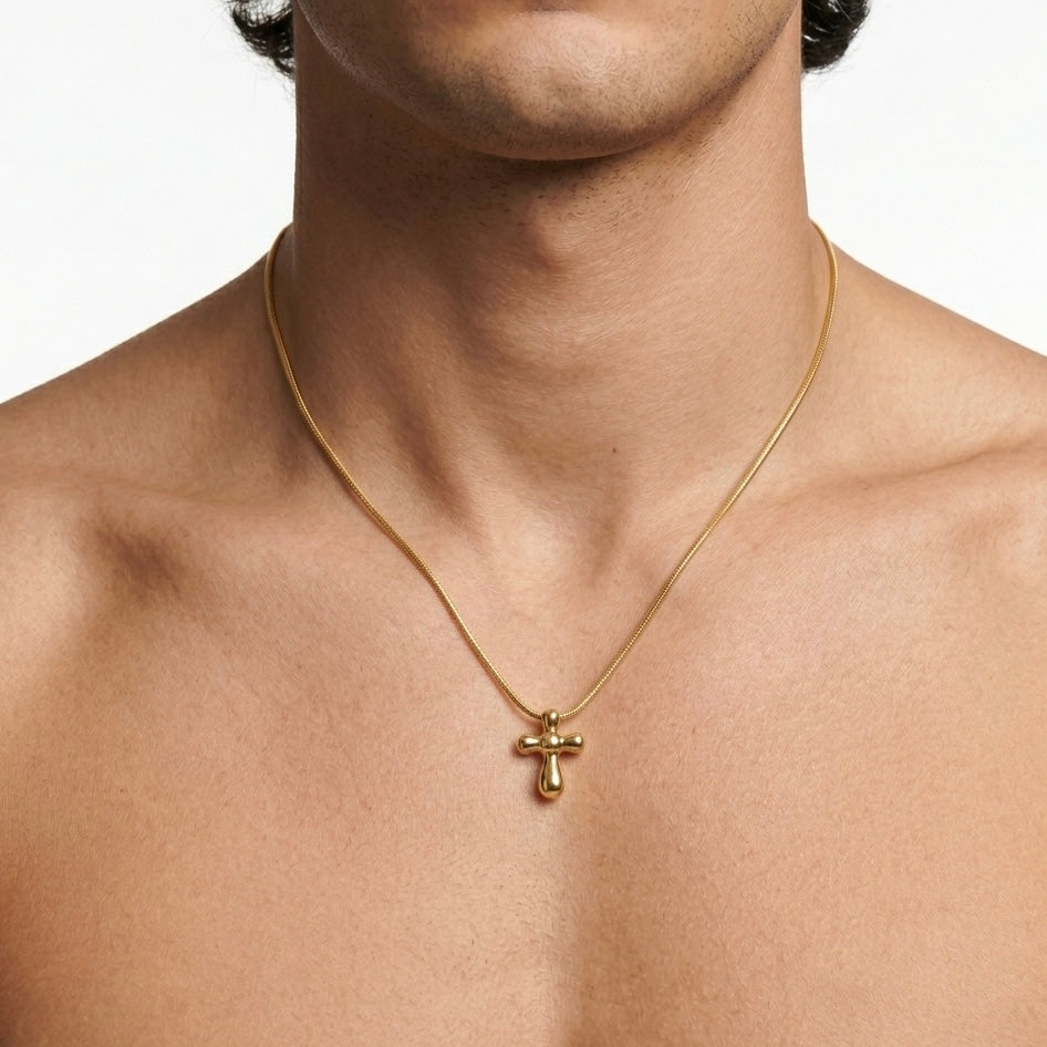 COLLANA CROCE BOLD - collana da uomo con ciondolo croce bombata liscia completa di catenina in acciaio oro