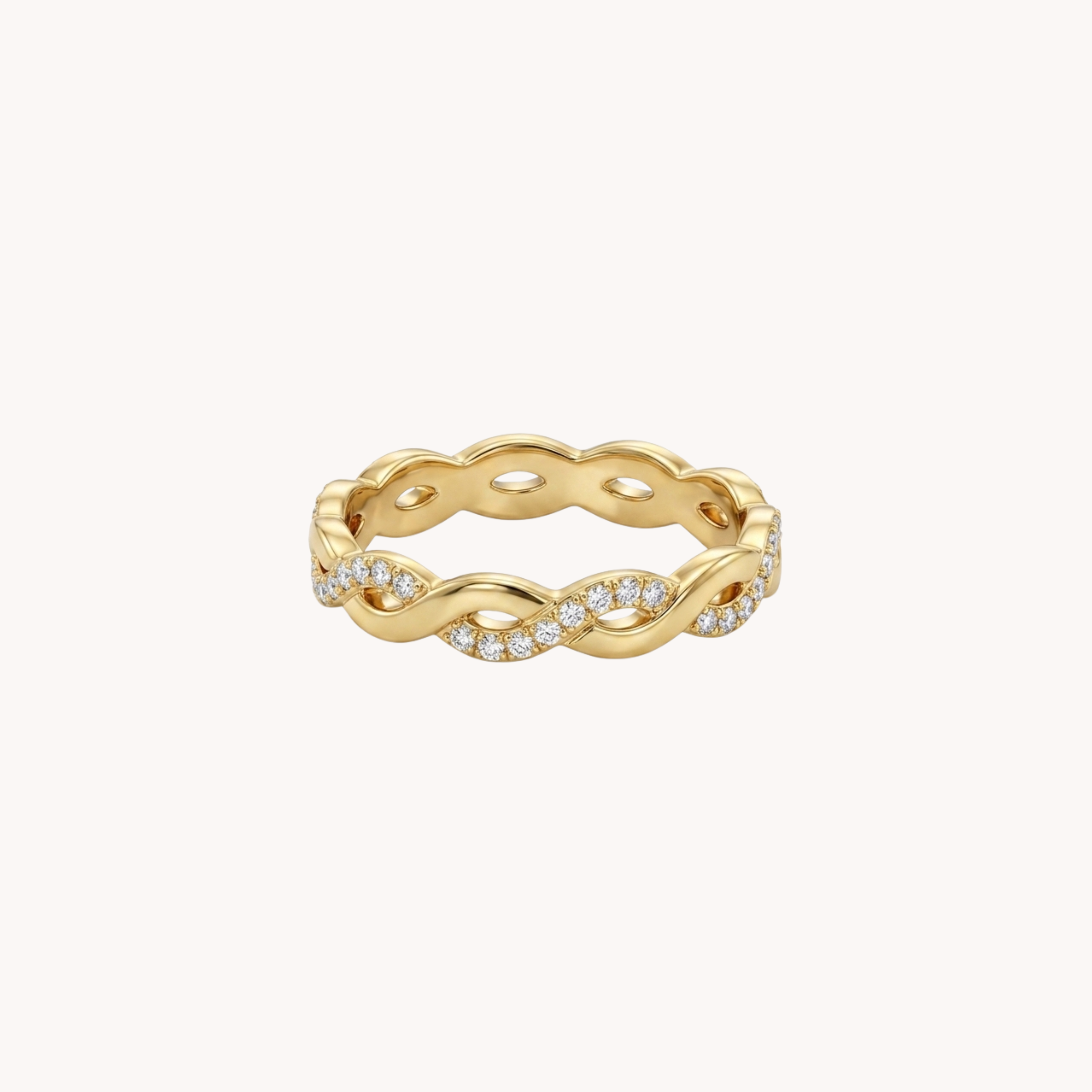 Titolo Ottimizzato ANELLO INTRECCIO INFINITY - fedina a fascia intrecciata a infinito con zirconi in acciaio oro