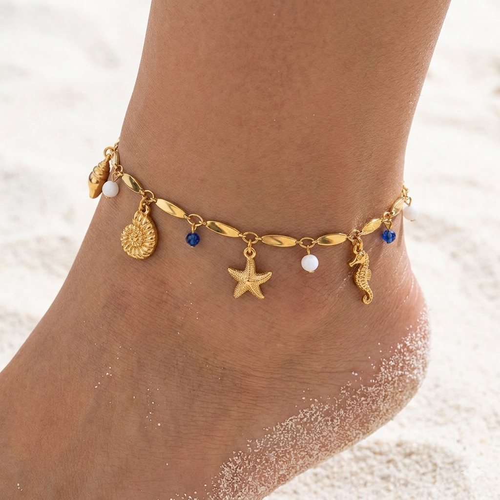 CAVIGLIERA CHARMS MEDITERRANEAN COAST - perline blu, bianche e ciondoli marini in acciaio