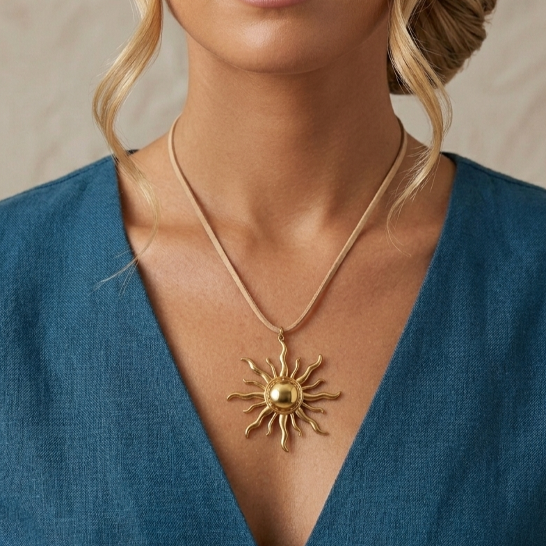 CHOKER SUN - collana cordino con grande pendente sole in acciaio