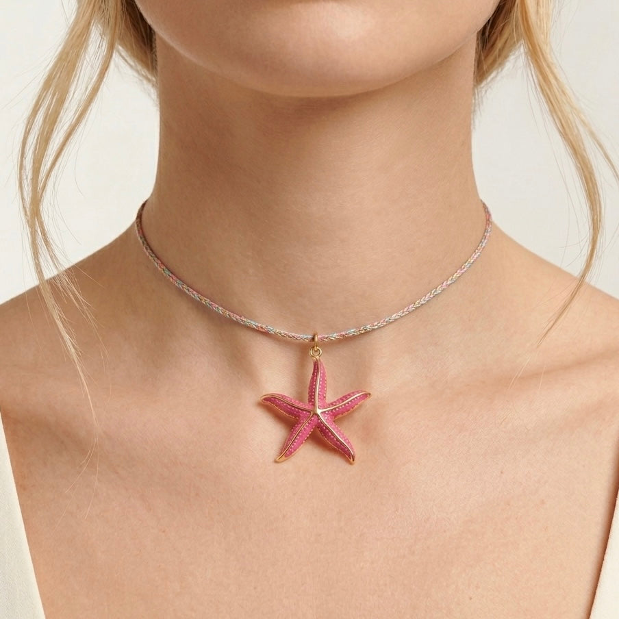 CHOKER STARFISH CORD - collana choker in cordino intrecciato rosa e azzurro con ciondolo stella marina fucsia in acciaio