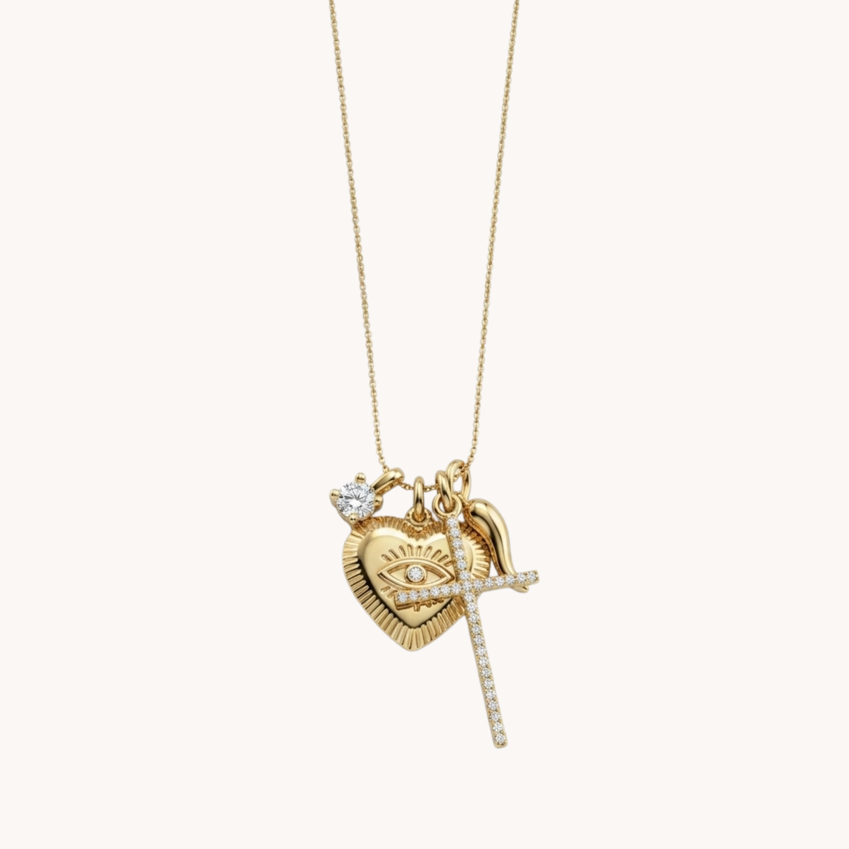 COLLANA DIVINE HEART - collana con charms multipli cuore sacro, croce e occhio in zirconi in acciaio oro