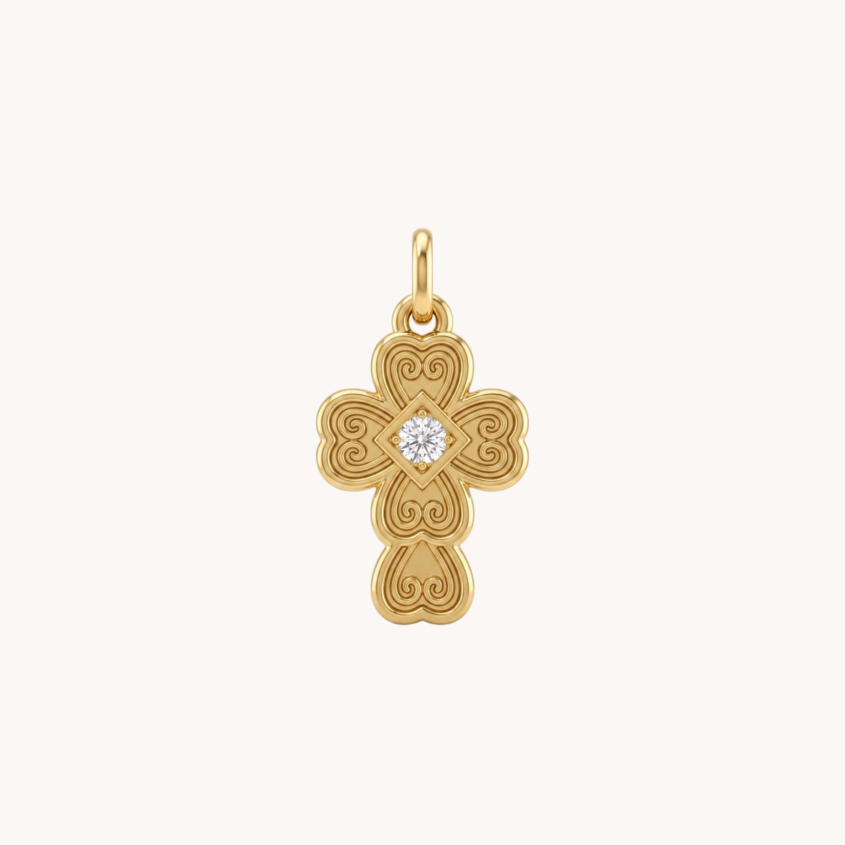 CIONDOLO CROCE LOVE - ciondolo singolo a croce lobata incisa con zircone centrale in acciaio oro