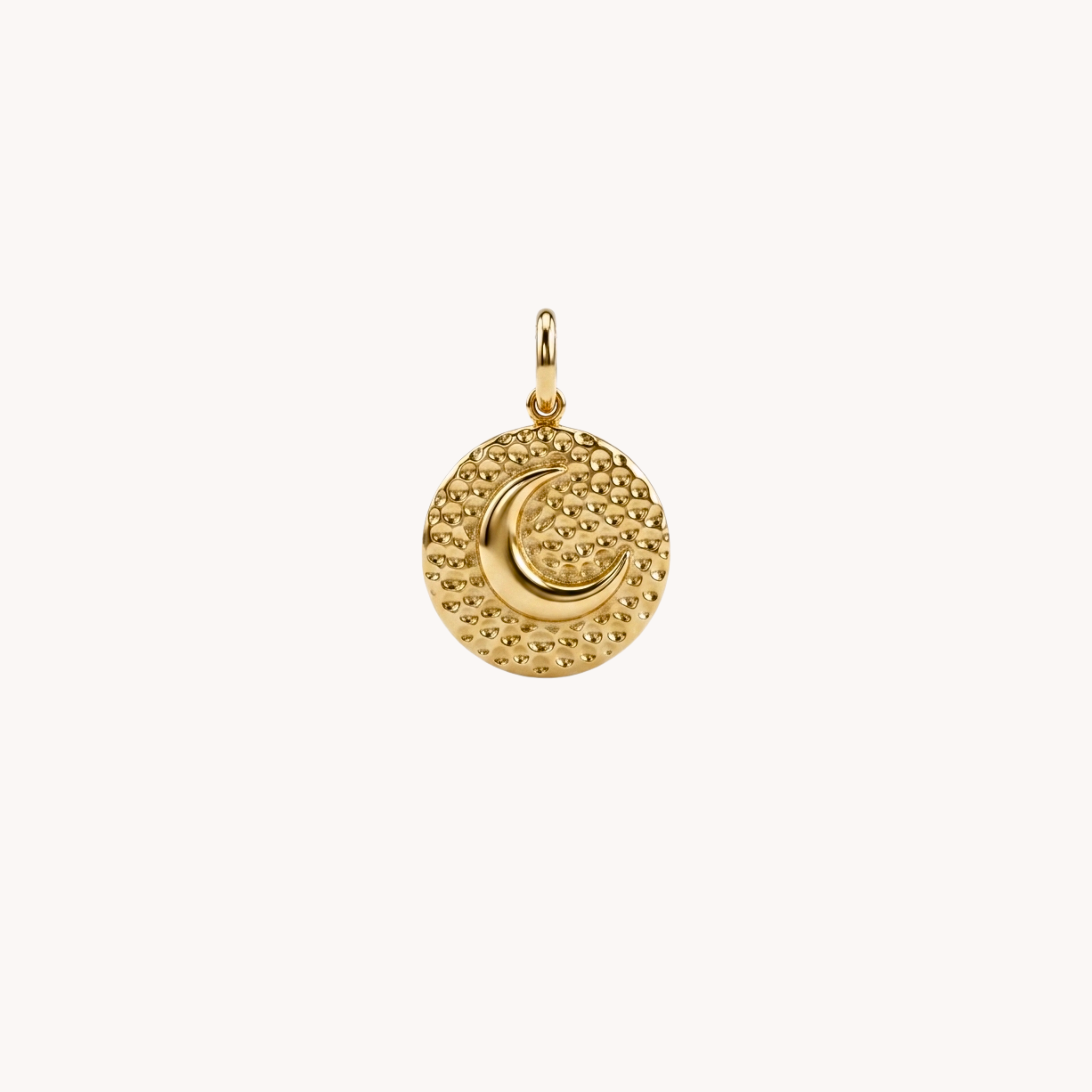 CIONDOLO TEXTURED MOON - medaglia tonda con mezzaluna e stelle lavorate a rilievo in acciaio oro
