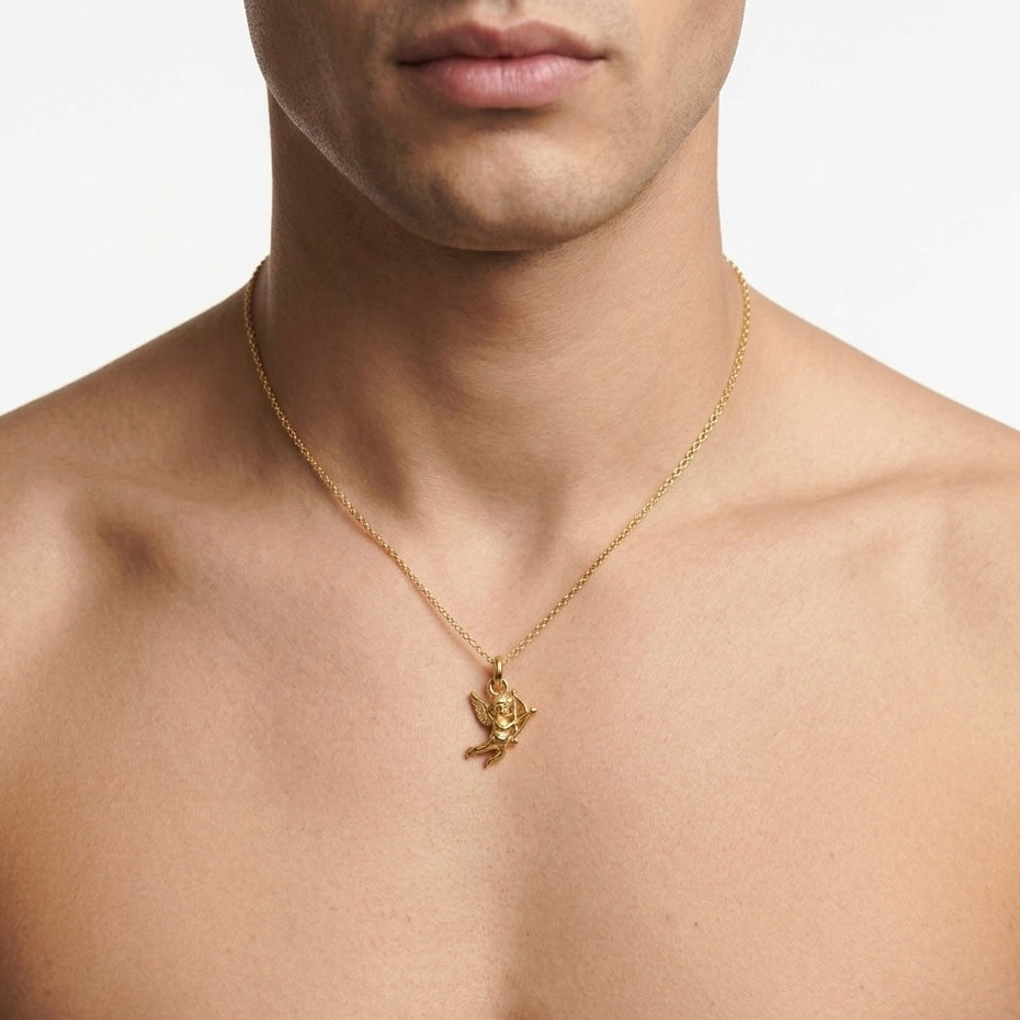 COLLANA CUPIDO ANGEL OF LOVE - ciondolo angelo cupido con arco 3D completa di catenina in acciaio oro o argento