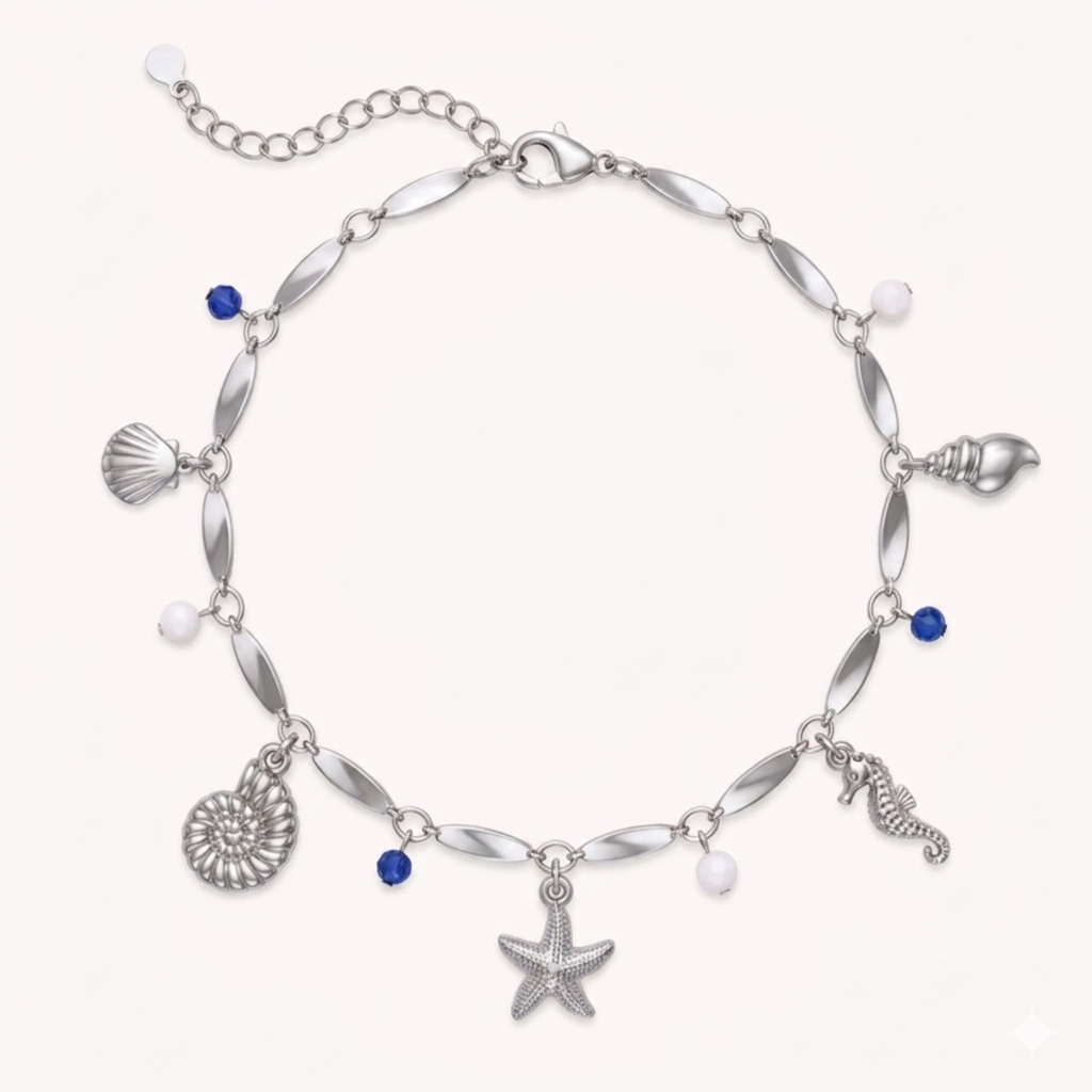 CAVIGLIERA CHARMS MEDITERRANEAN COAST - perline blu, bianche e ciondoli marini in acciaio