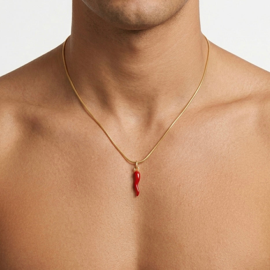 COLLANA CORNETTO LUCKY - ciondolo corno portafortuna smaltato completa di catenina in acciaio oro
