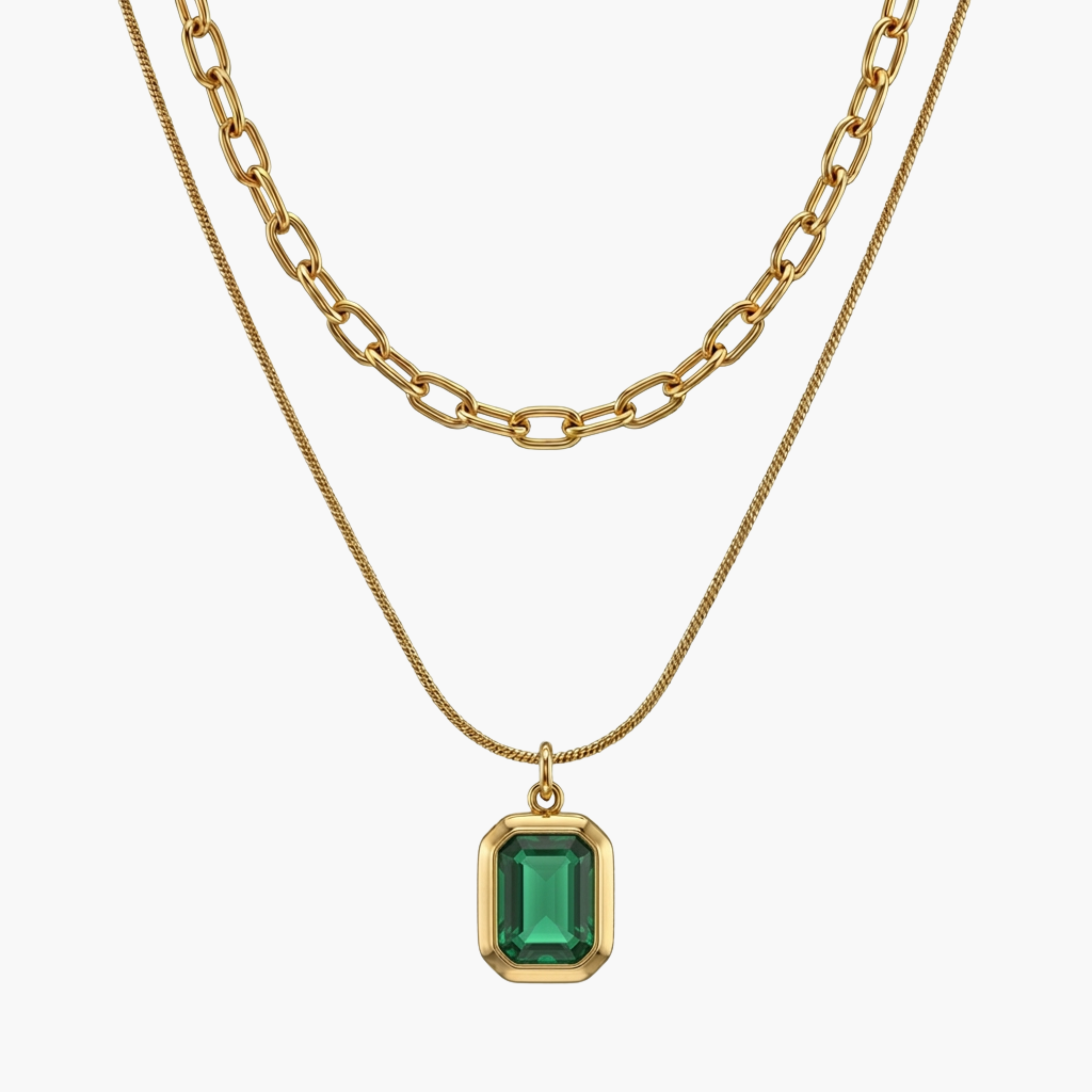 Doppia Collana Zircone Emerald Stack VANDEM in acciaio oro, set 2 collane da uomo con catena snake, catena a maglie e ciondolo rettangolare verde lucido