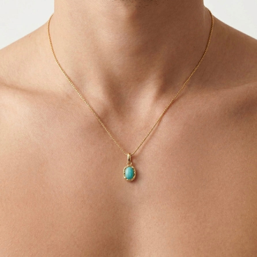 COLLANA PORTOFINO - collana da uomo con ciondolo pietra ovale turchese completa di catenina in acciaio oro