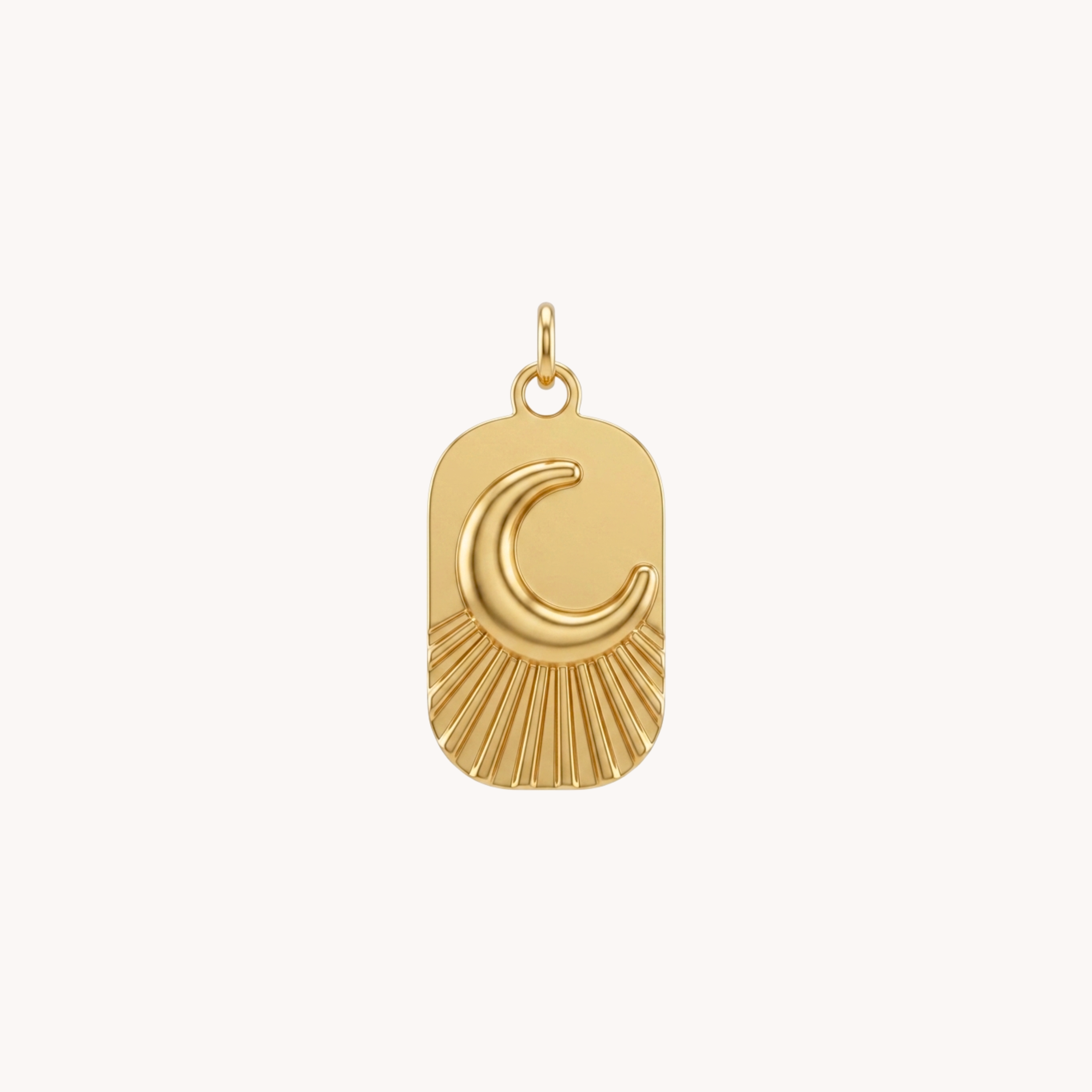 CIONDOLO AMULET MOON - piastrina rettangolare con mezzaluna e raggiera in acciaio oro