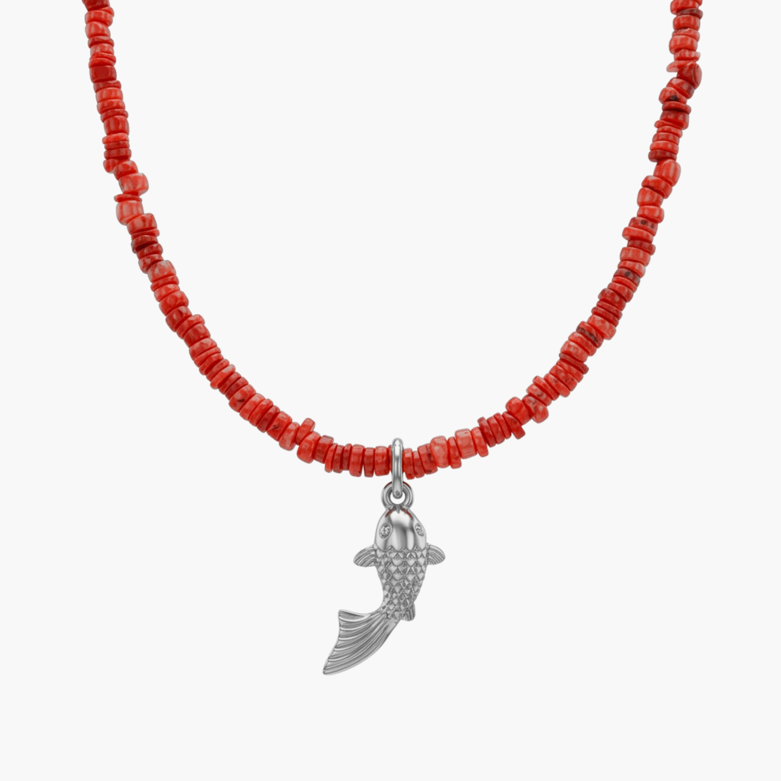 GIROCOLLO CORAL KOI FISH - collana estiva da uomo in corallo rosso con ciondolo pesce carpa in acciaio oro