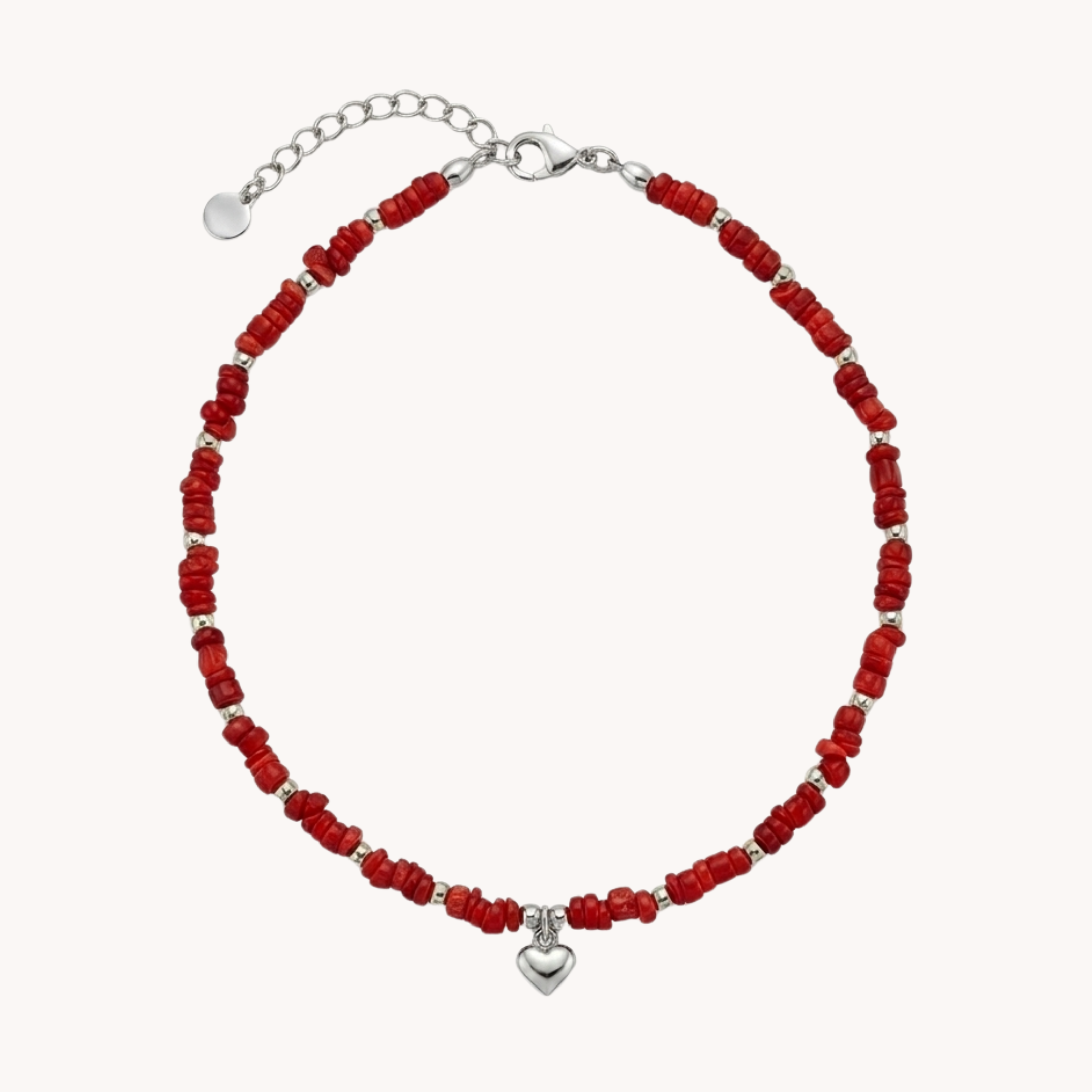 CAVIGLIERA LOVE CORAL - perline rosse corallo e ciondolo cuore in acciaio oro o argento