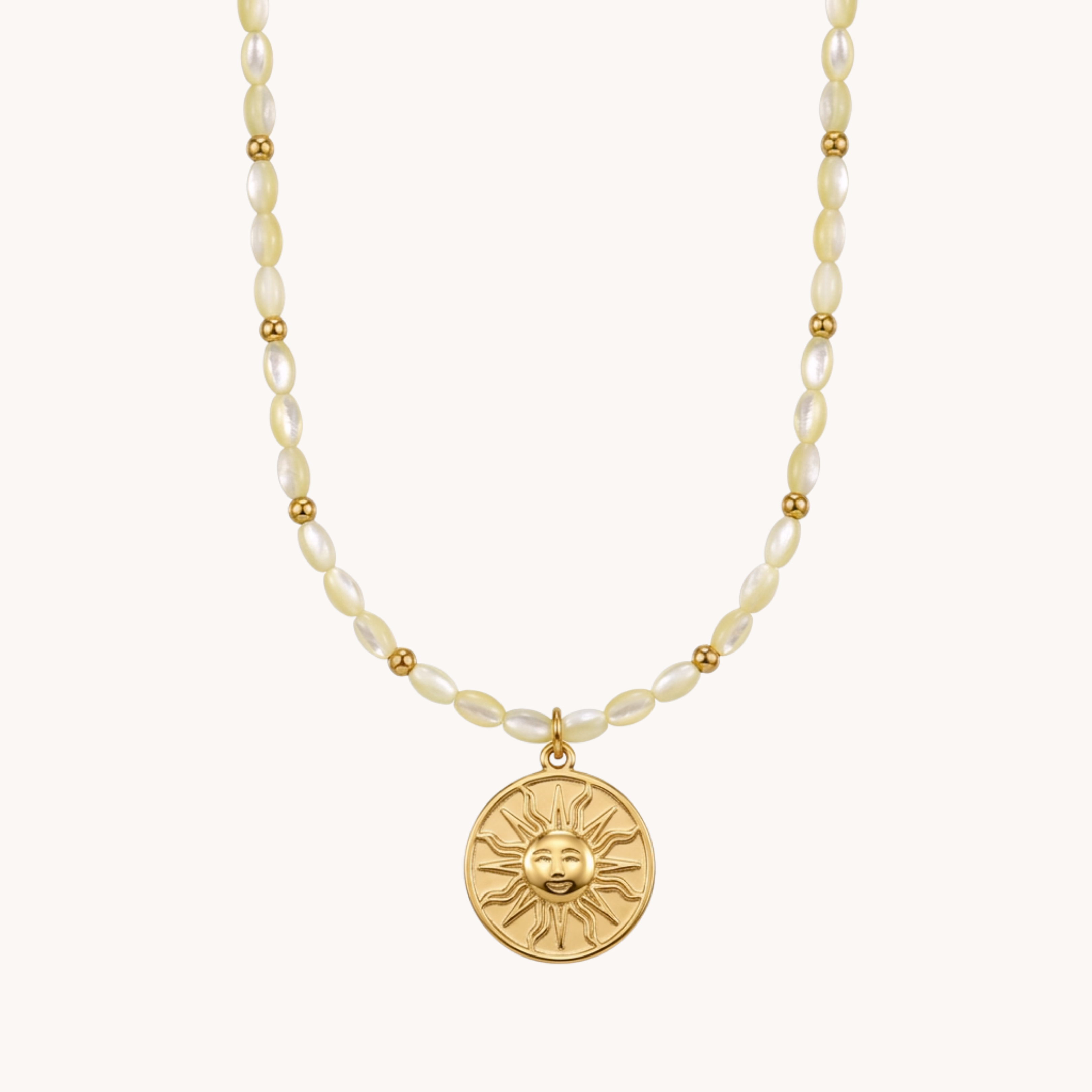 GIROCOLLO AURA SOLAR - collana di perle naturali con medaglia sole in acciaio