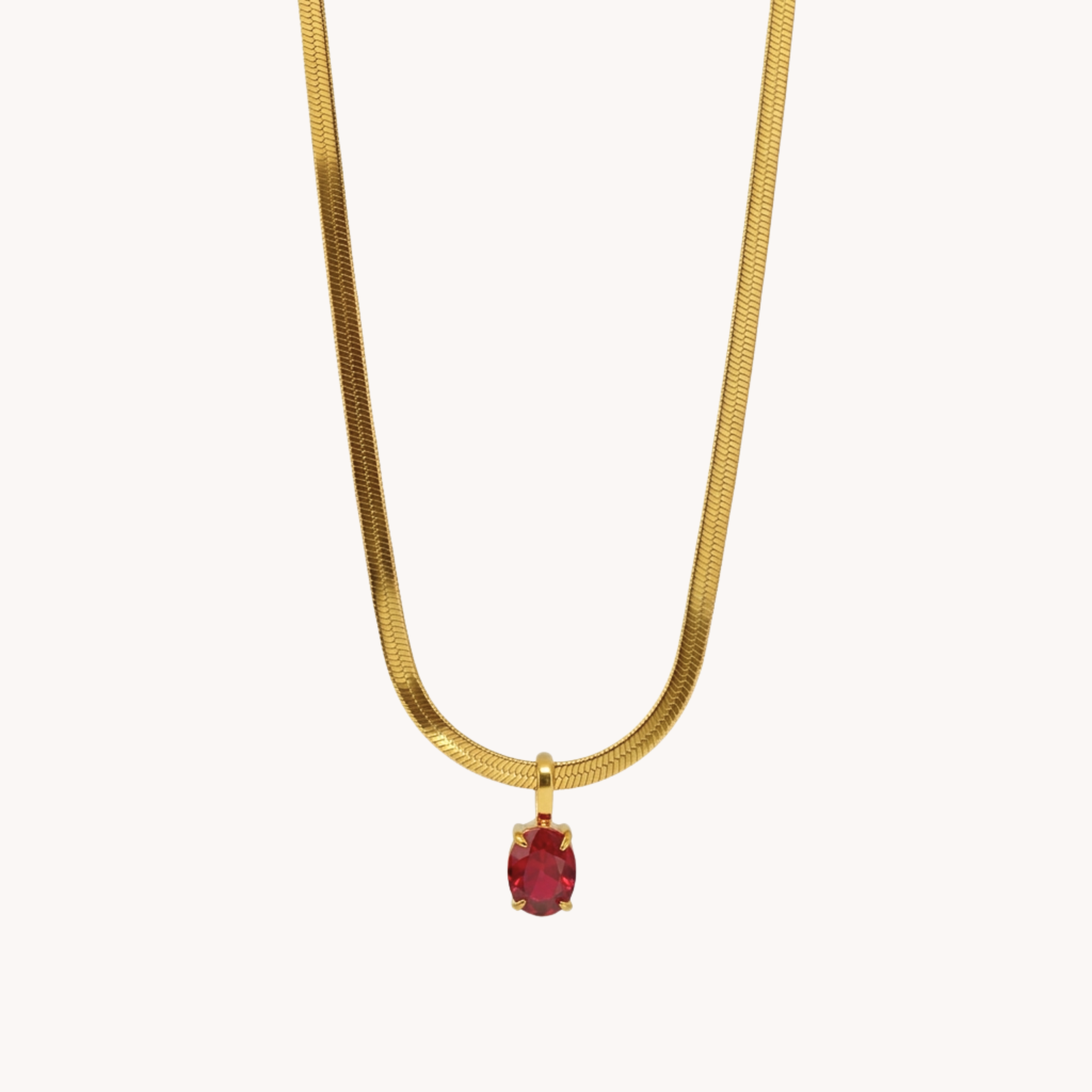COLLANA SNAKE RUBY - collana a catena piatta snake con ciondolo rubino ovale in acciaio oro