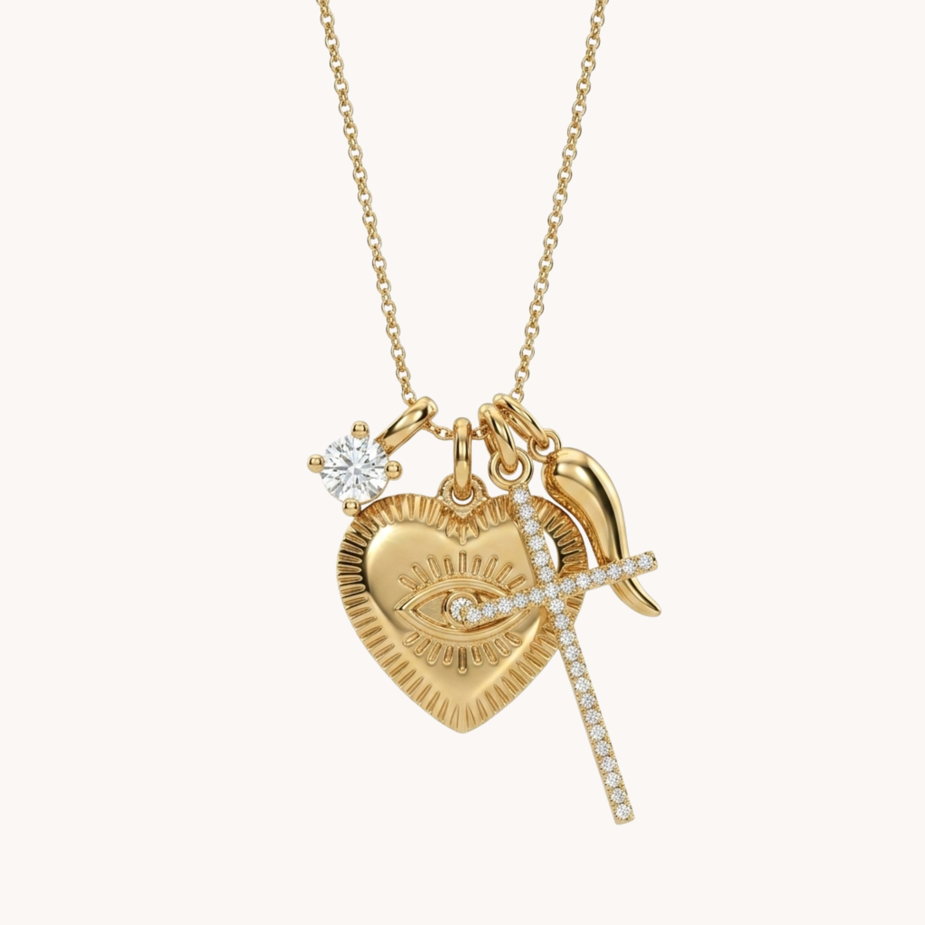 COLLANA DIVINE HEART - collana con charms multipli cuore sacro, croce e occhio in zirconi in acciaio oro