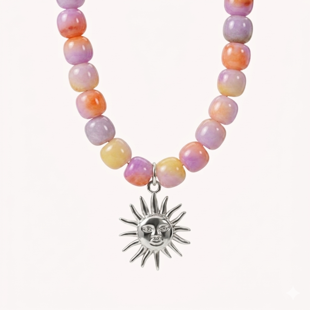 GIROCOLLO TROPICAL SUN - collana in pietre naturali multicolor pastello con ciondolo sole in acciaio