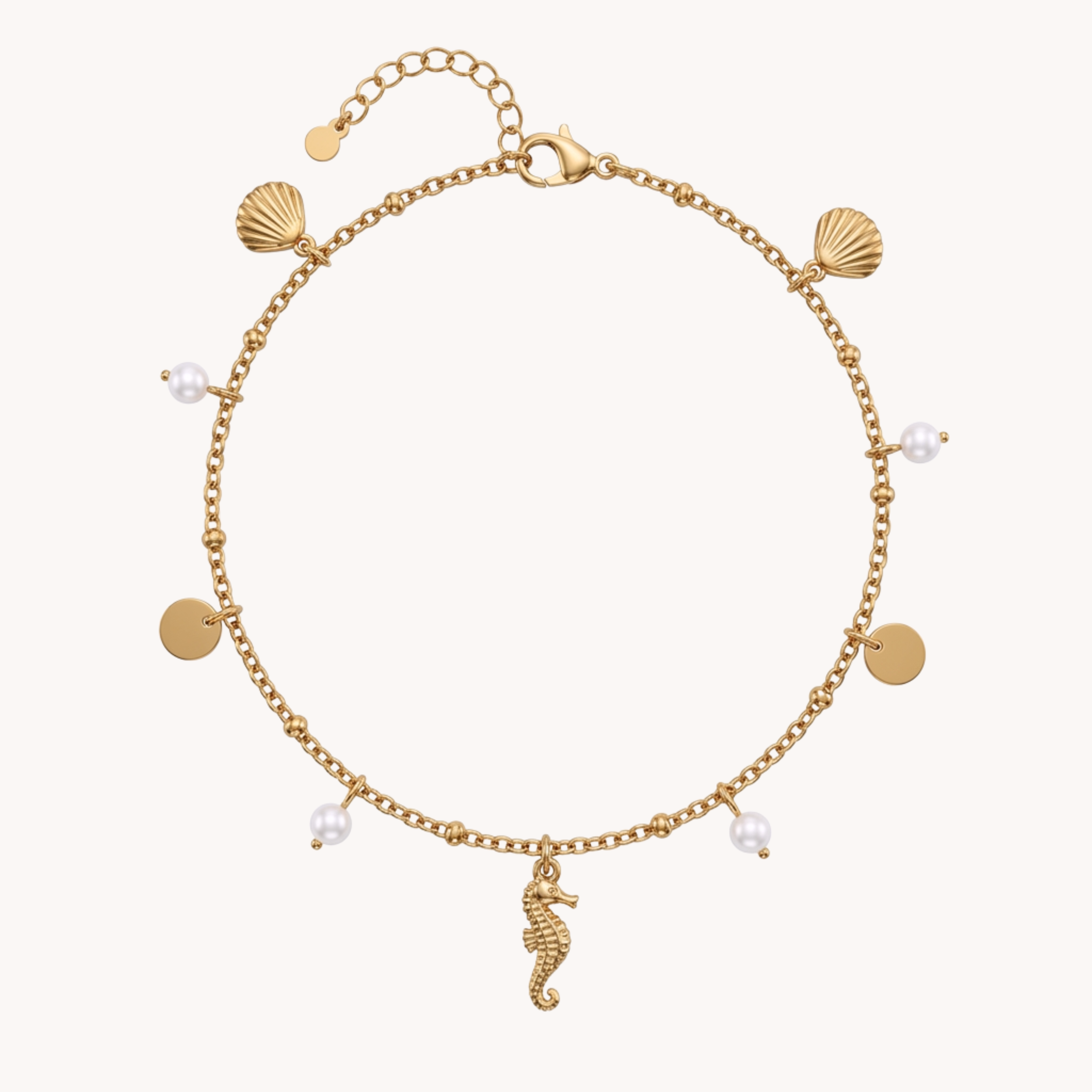 CAVIGLIERA SEAHORSE PEARL - perle bianche, charms tondi e ippocampo in acciaio