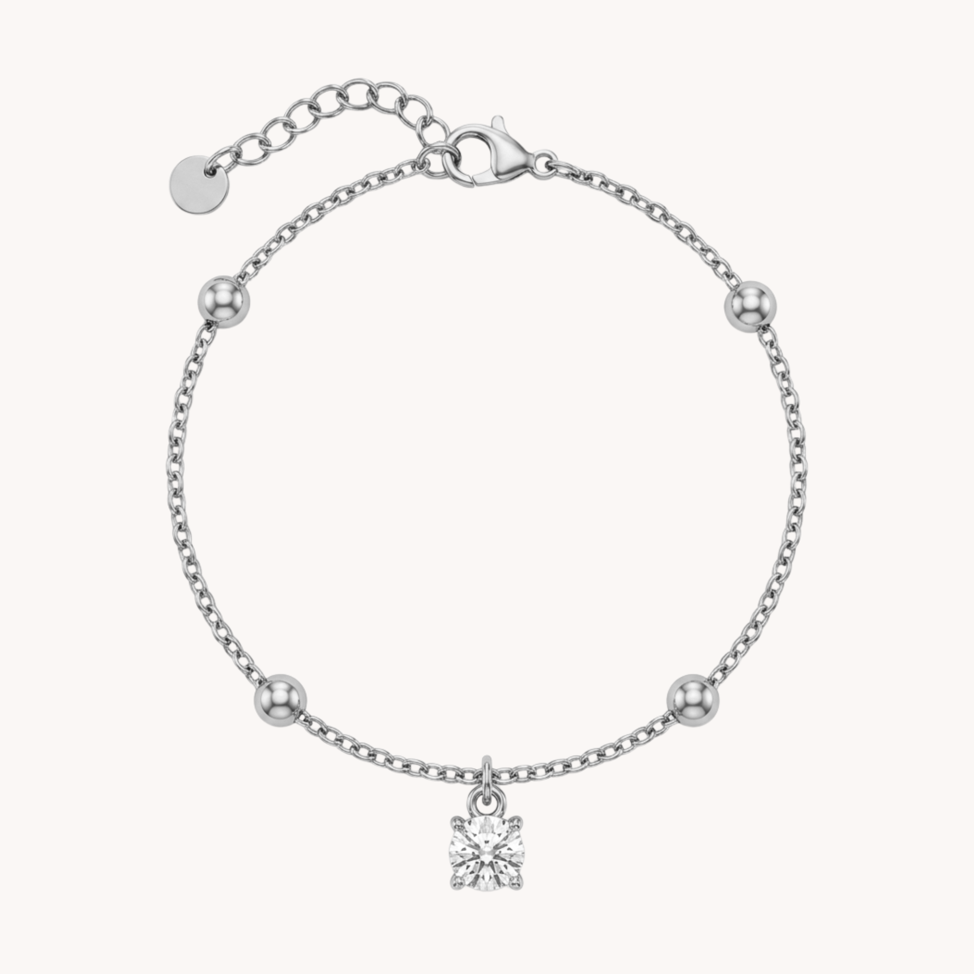 Bracciale Punto Luce Solitaire Glint VANDEM in acciaio oro, bracciale sottile da donna con perline lisce e pendente centrale punto luce di strass