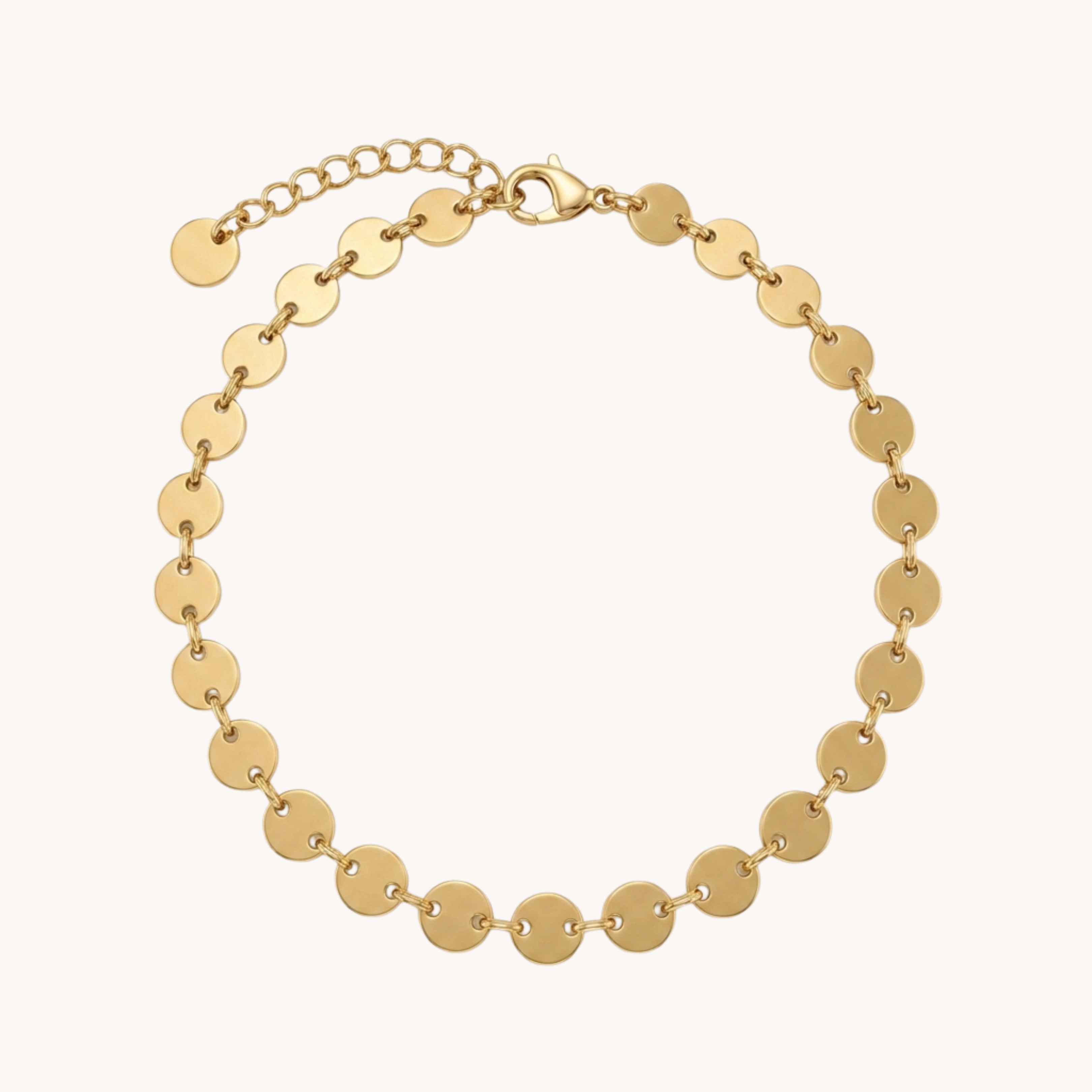 Cavigliera Tondini Golden Discs VANDEM in acciaio oro, cavigliera da donna con sequenza di dischi piatti lucidi a specchio e chiusura regolabile