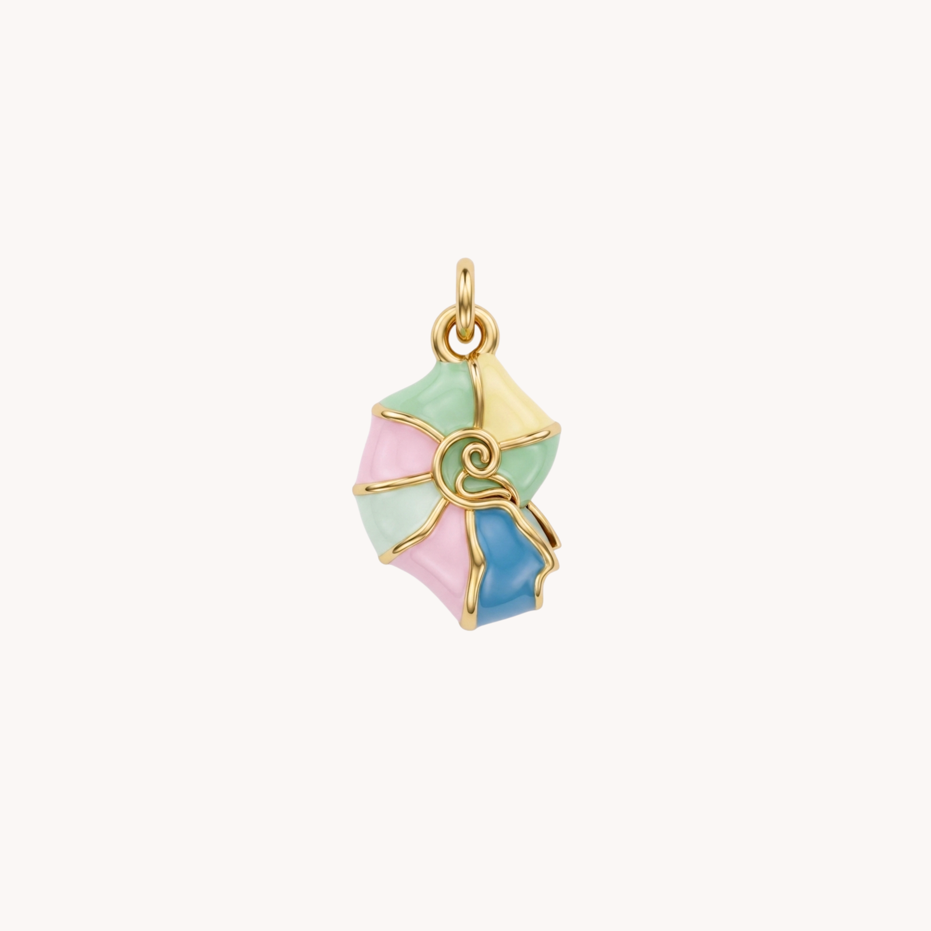 Ciondolo Conchiglia Rainbow Spiral VANDEM in acciaio oro, charm singolo componibile a forma di conchiglia sottomarina a spirale smaltata multicolor pastello
