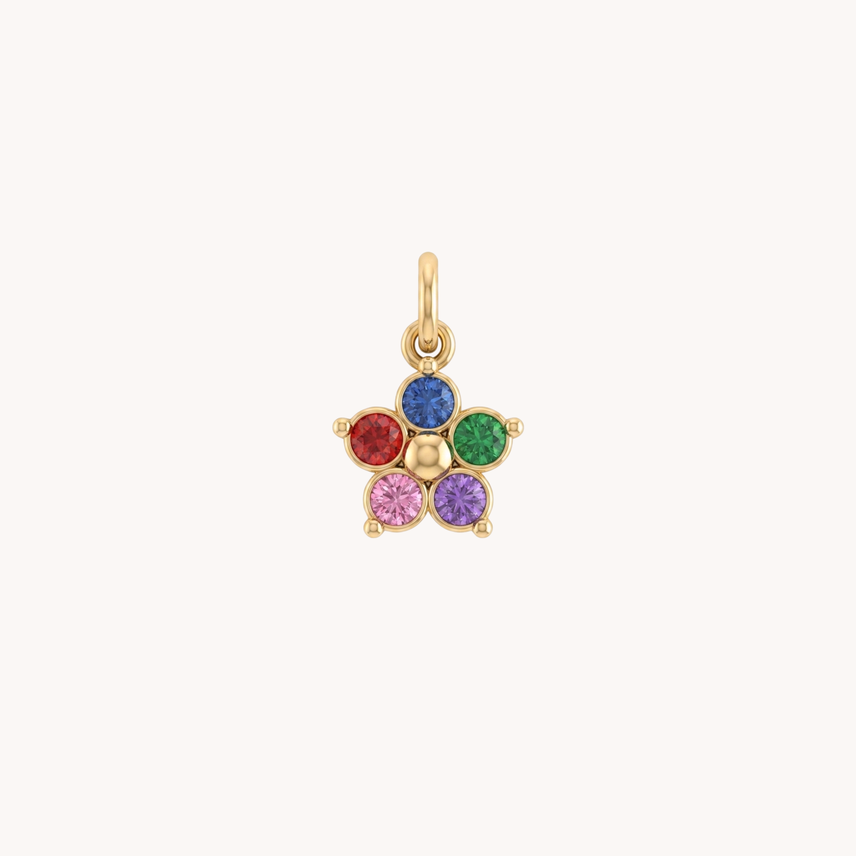 Ciondolo Fiore Rainbow Chakra VANDEM in acciaio oro, charm singolo componibile a fiore con zirconi brillanti colorati arcobaleno