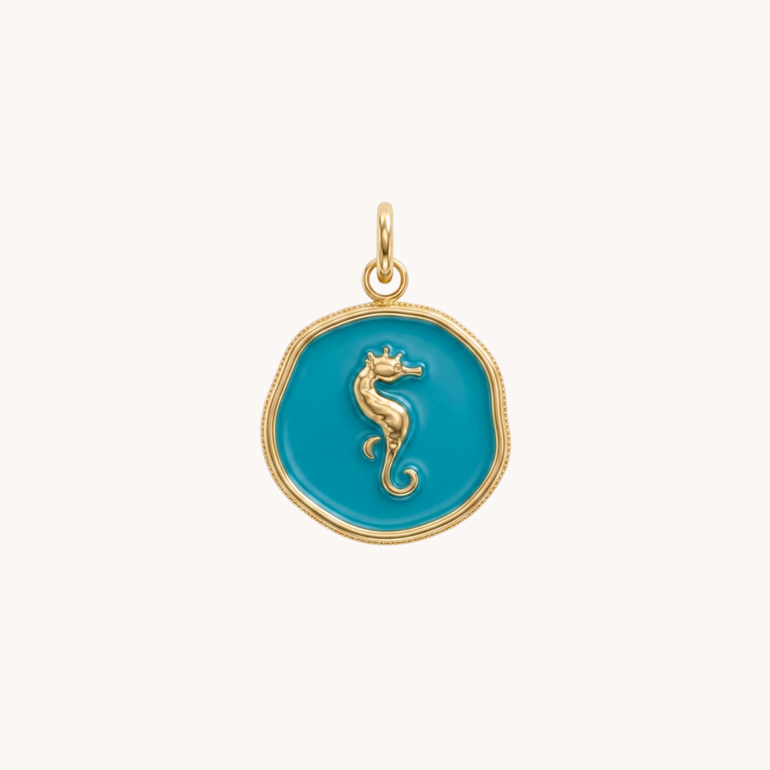 Ciondolo Cavalluccio Turquoise Medal VANDEM in acciaio oro, charm singolo componibile a medaglietta tonda smaltata azzurro turchese con cavalluccio lucido