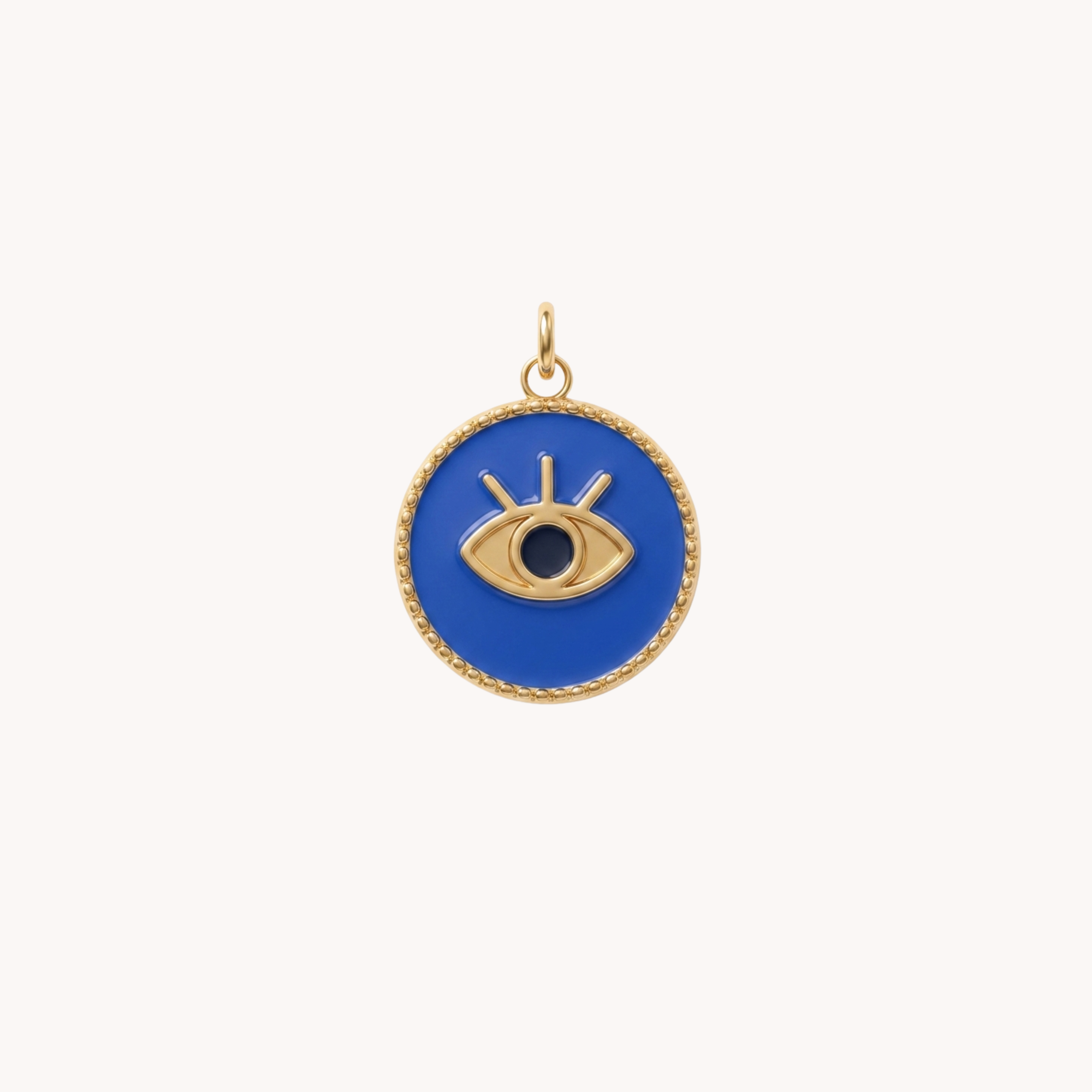 Ciondolo Ochio Blu Evil Eye Amulet VANDEM in acciaio oro, charm singolo componibile a medaglietta tonda smaltata blu con occhio greco lucido