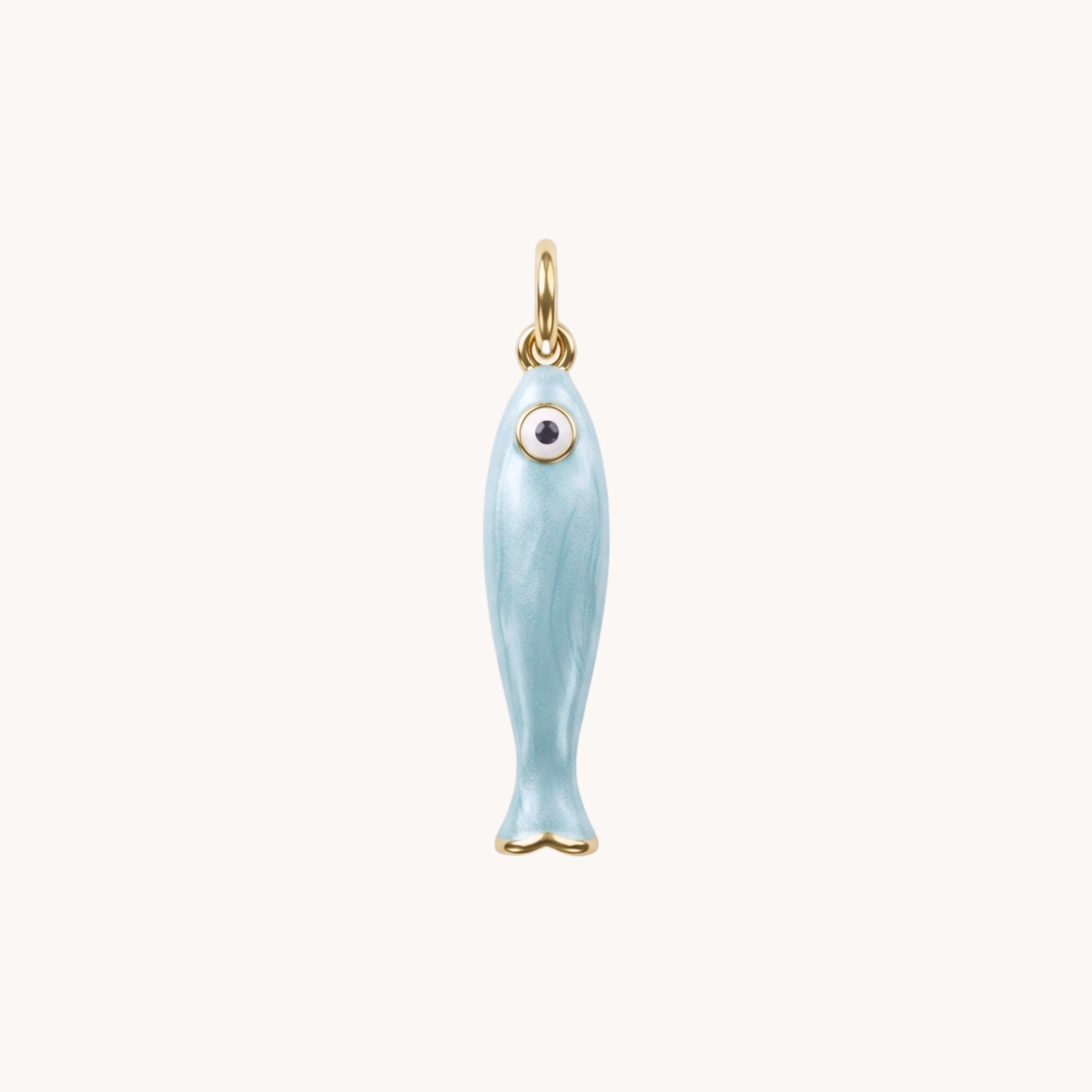 Ciondolo Pesce Azzurro Calypso Shine VANDEM in acciaio oro, charm singolo componibile a forma di pesce con smalto azzurro e punto luce.