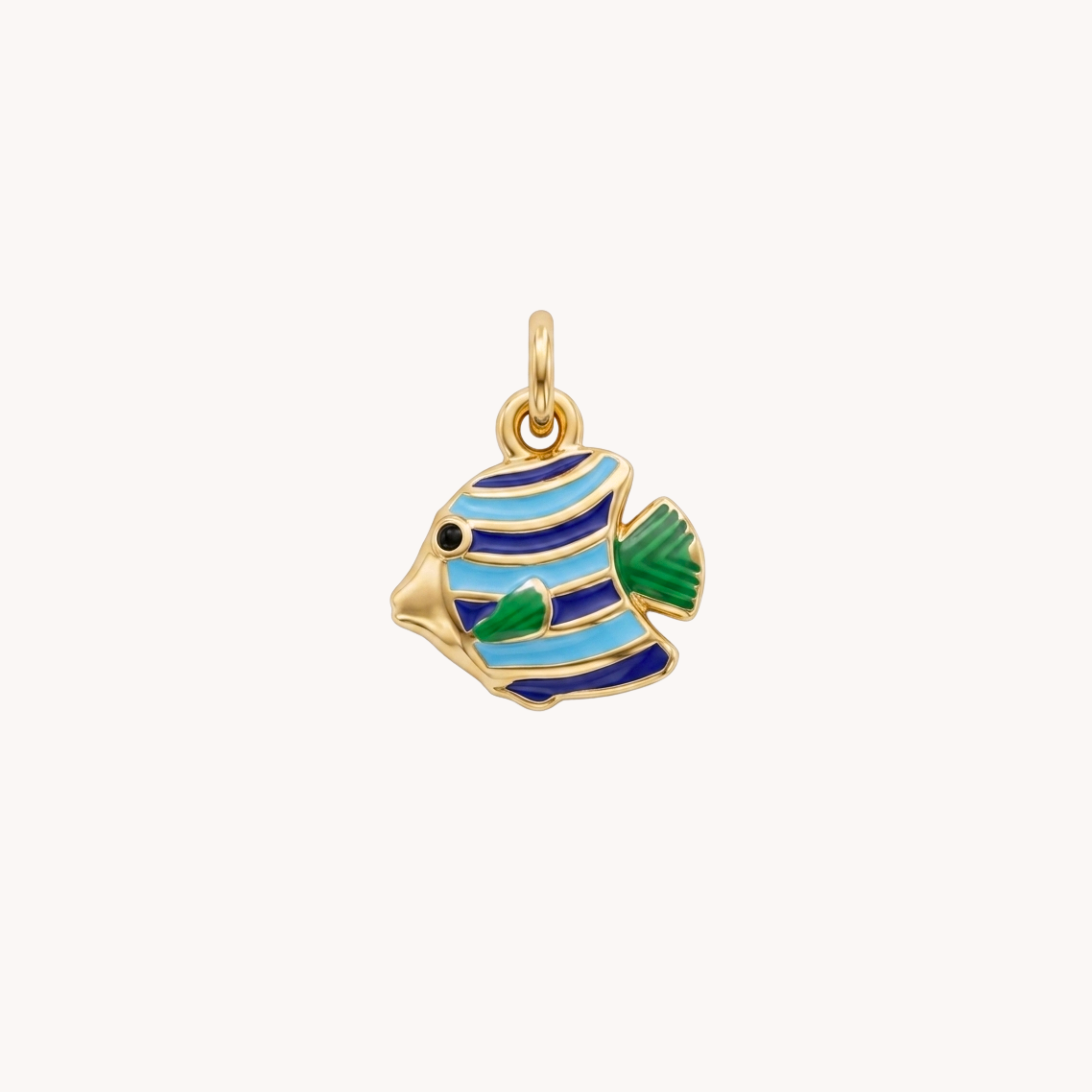 Ciondolo Pesce Stripes Tropical Reef VANDEM in acciaio oro, charm singolo componibile a forma di pesce tondo con smalto a righe blu, verde e giallo