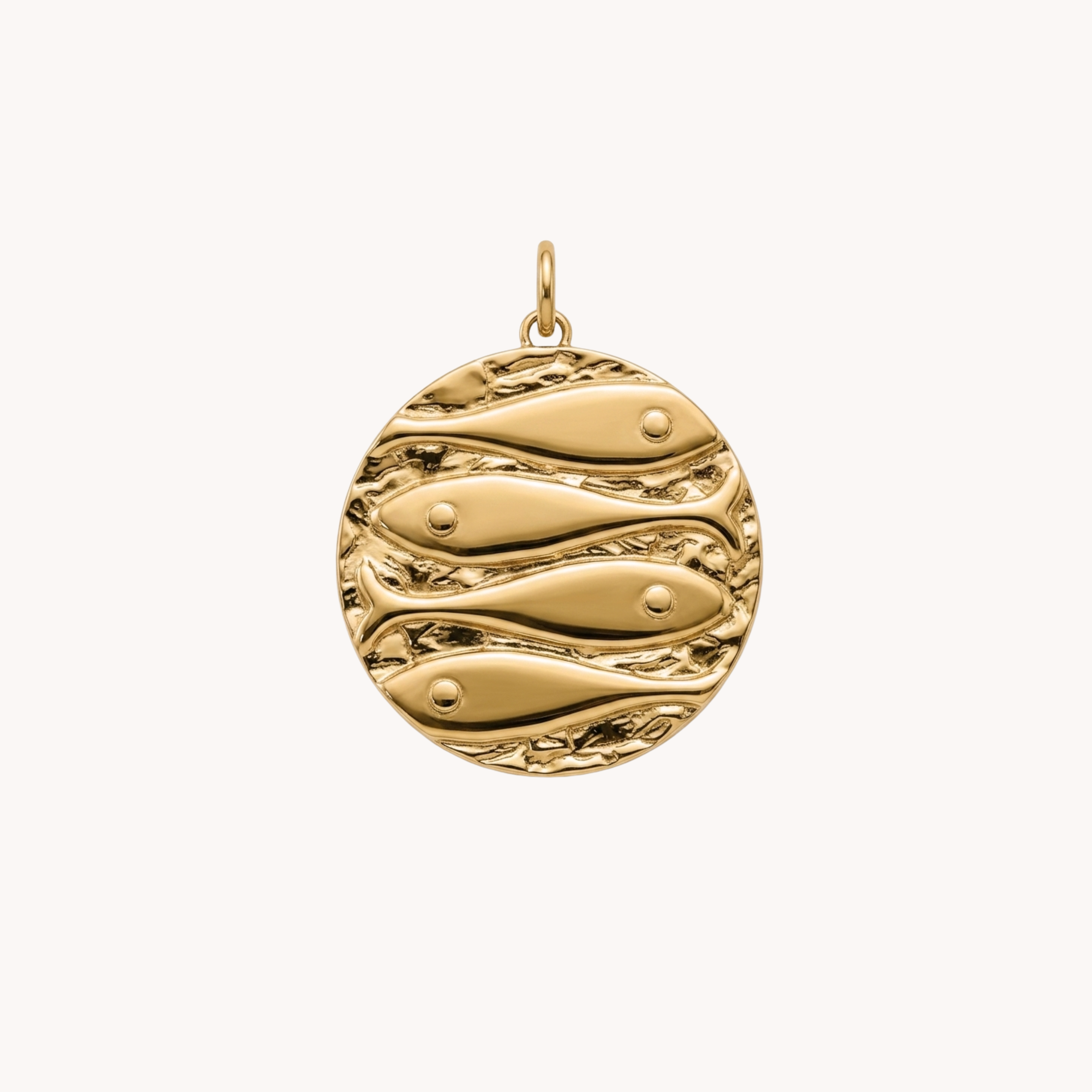 Ciondolo Pesci Ocean School Medal VANDEM in acciaio oro, charm singolo componibile a medaglietta circolare tonda con pesci marini incisi a sbalzo