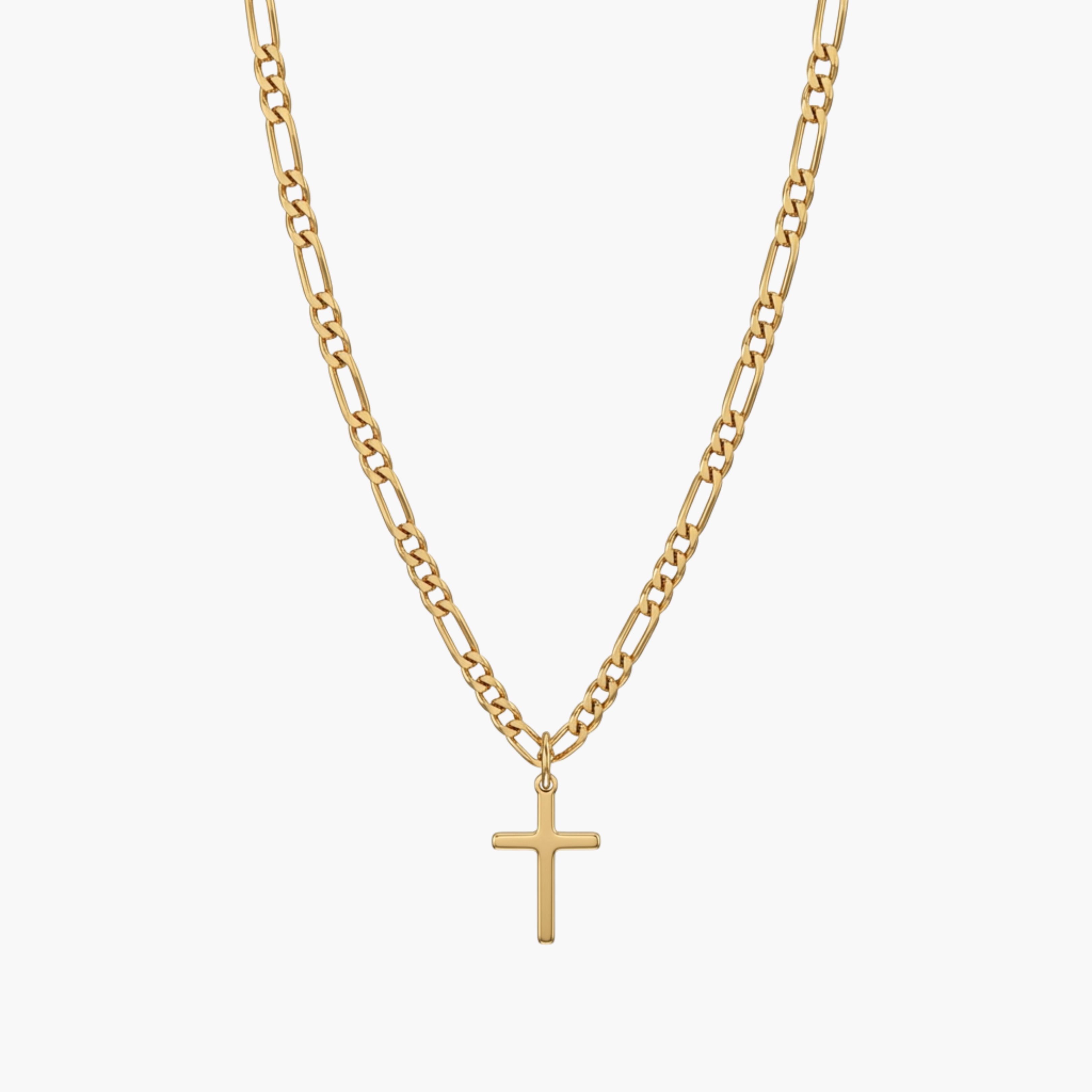 Collana Croce Figaro Shield VANDEM in acciaio oro, collana da uomo con ciondolo a croce quadrata liscia e catena a maglia piatta 3+1 lucidata a specchio
