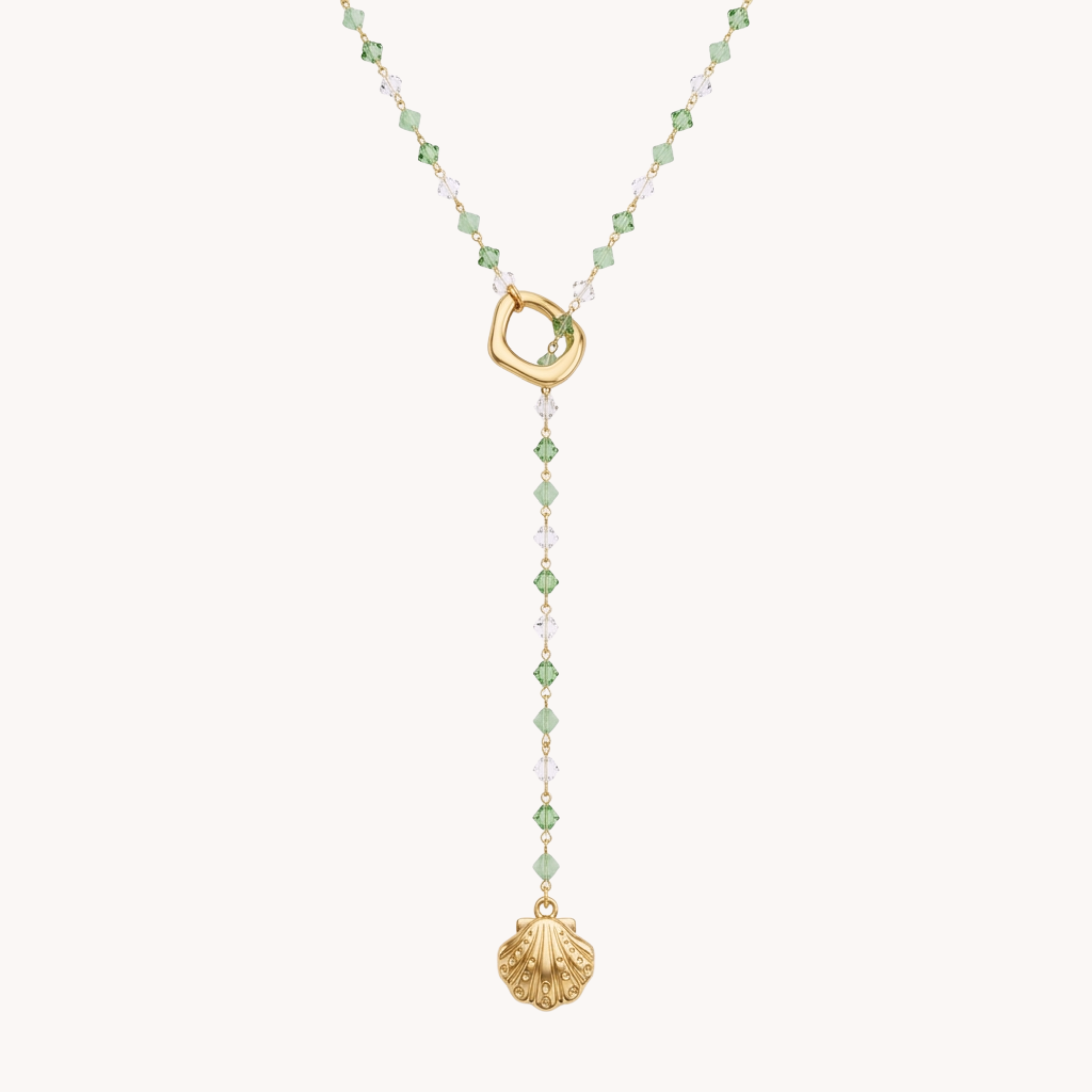 Collana Pendente Conchiglia Sage Y-Shape VANDEM in acciaio oro, collana a Y da uomo e donna con cristalli sfaccettati verdi e ciondolo conchiglia lucido